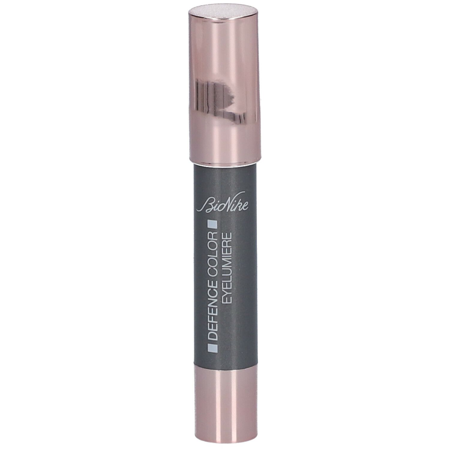 Crayon eyeliner gris avec capuchon rose doré. Inscription : BioNike DEFENCE COLOR Eyelumiere.
