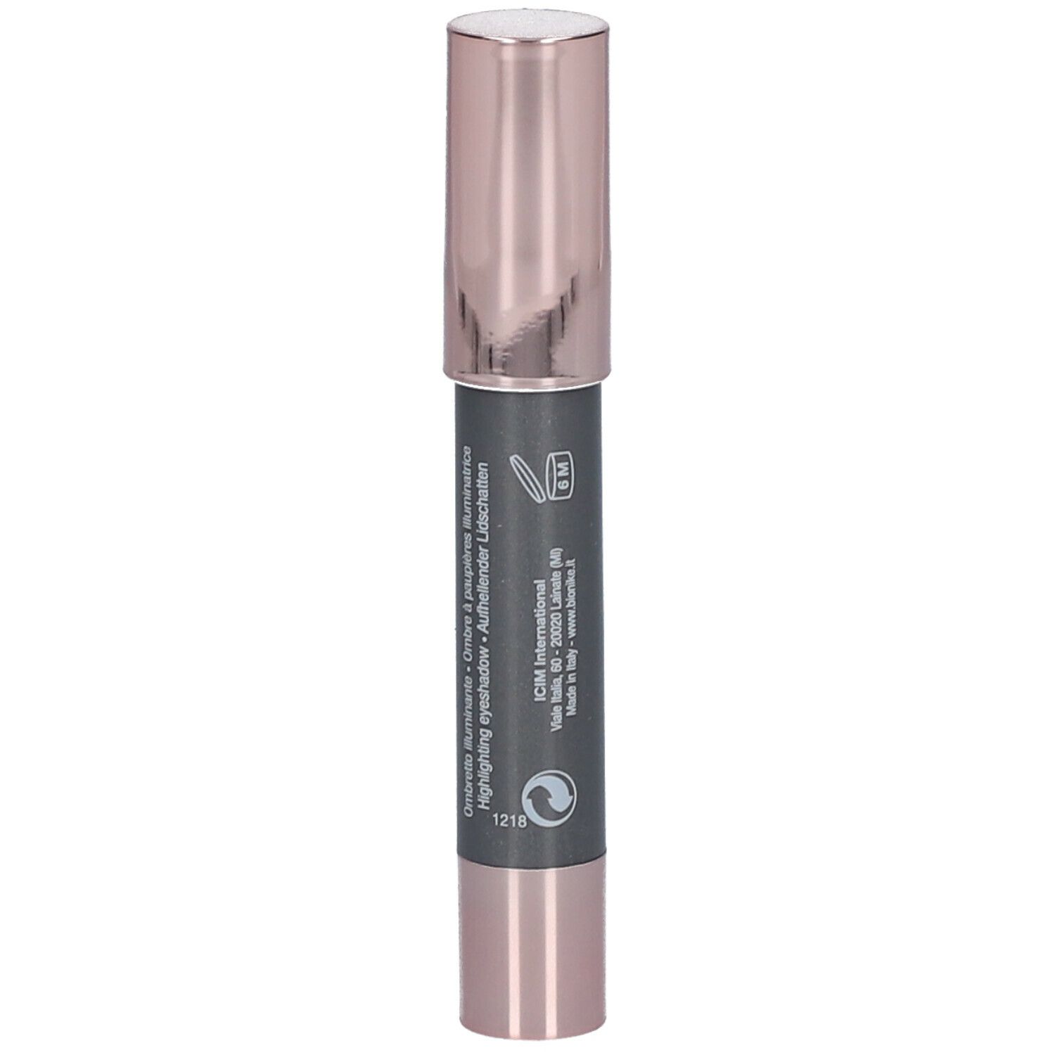 Crayon eyeliner gris avec capuchon rose doré. Inscriptions et informations.