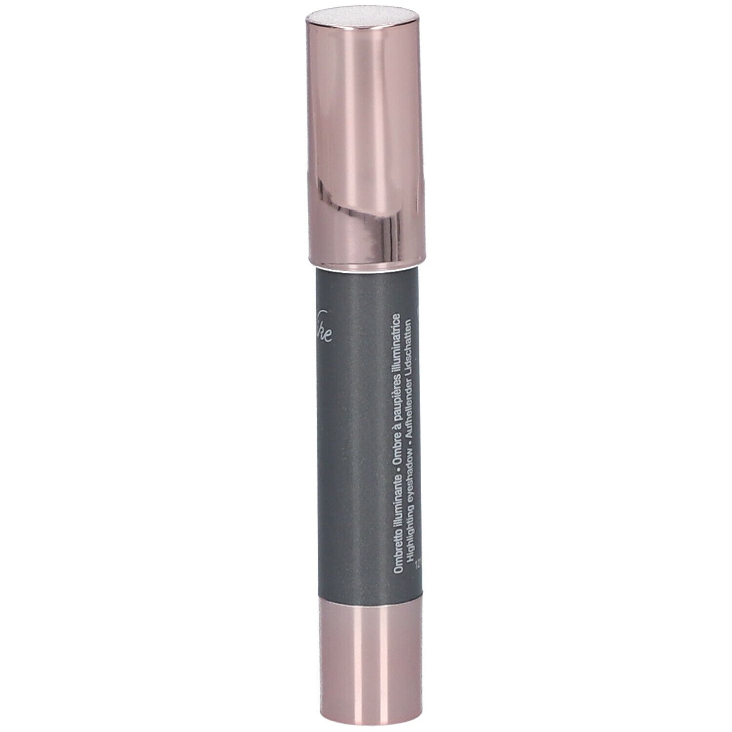 Crayon eyeliner gris avec capuchon rose doré. Inscription : Ombretto illuminante.