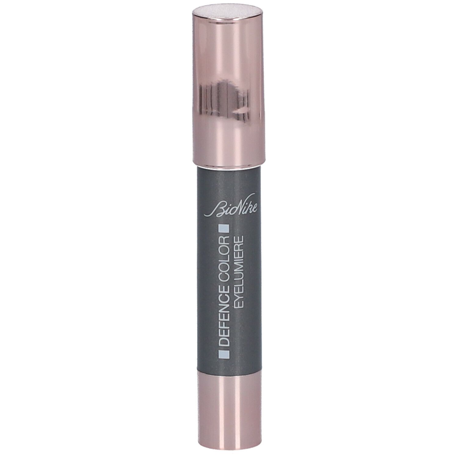 Crayon eyeliner gris avec capuchon rose doré. Inscription : BioNike DEFENCE COLOR Eyelumiere.