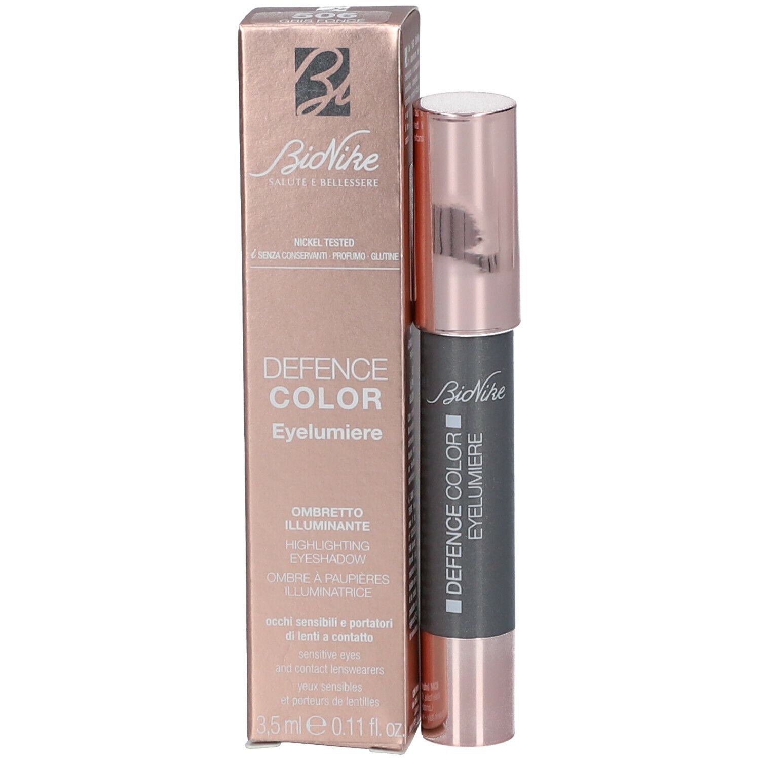 Crayon eyeliner et emballage. Inscription : BioNike DEFENCE COLOR Eyelumiere. 3,5 ml.