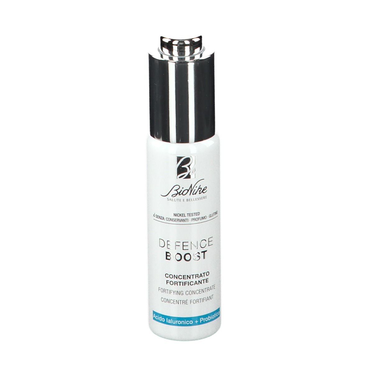 Flacon blanc avec bouchon argenté. Inscription : DEFENCE BOOST, concentré. Marque : BioNike.