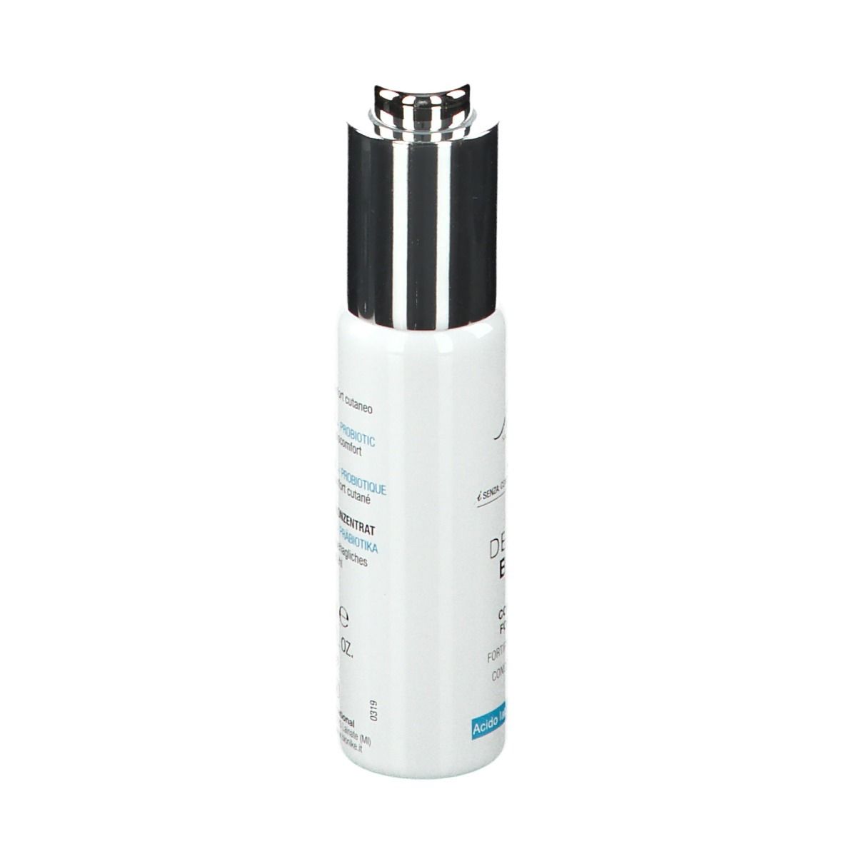 Flacon blanc avec bouchon argenté. Inscription : DEFENCE BOOST. Texte en italien.