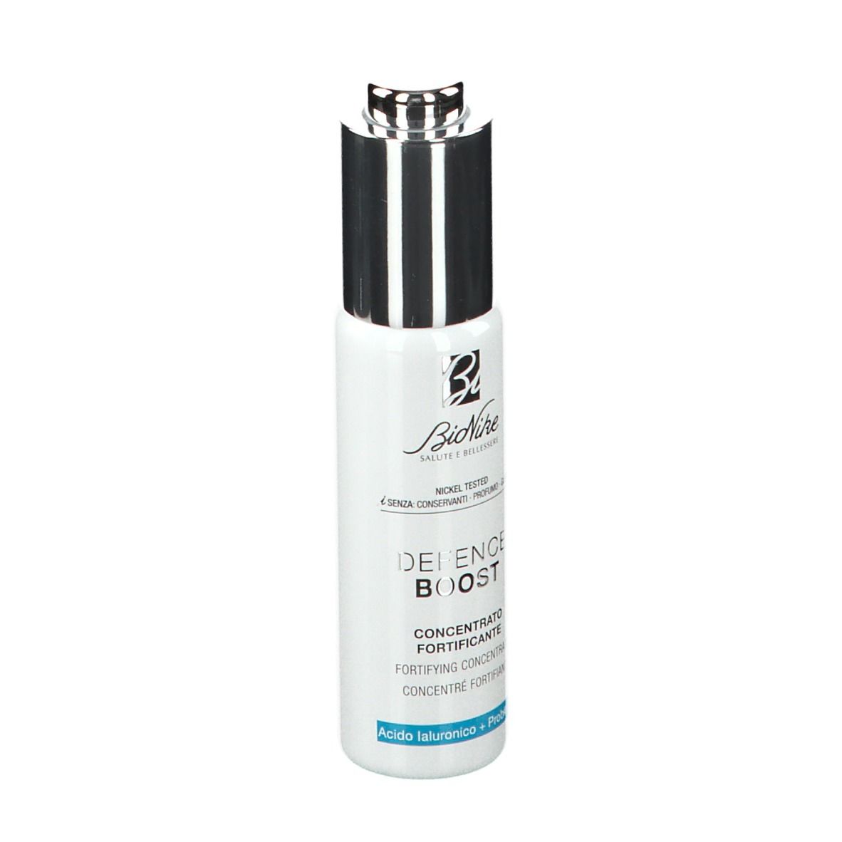 Flacon blanc avec bouchon argenté. Inscription : DEFENCE BOOST, concentré. Marque : BioNike.