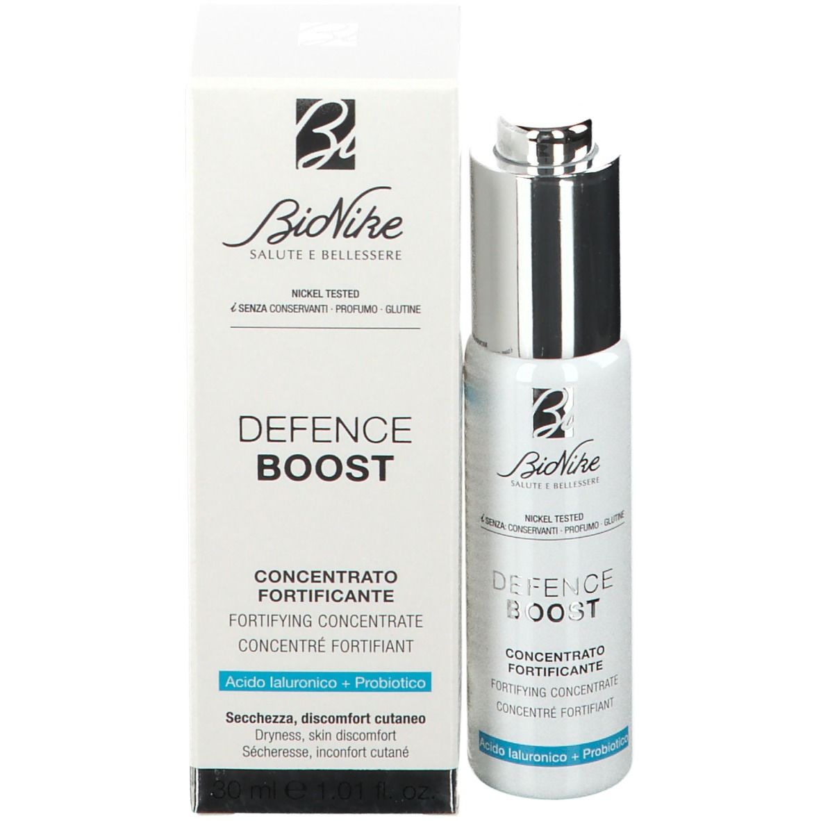 Emballage du produit avec flacon. Inscription : DEFENCE BOOST, concentré. Marque : BioNike.