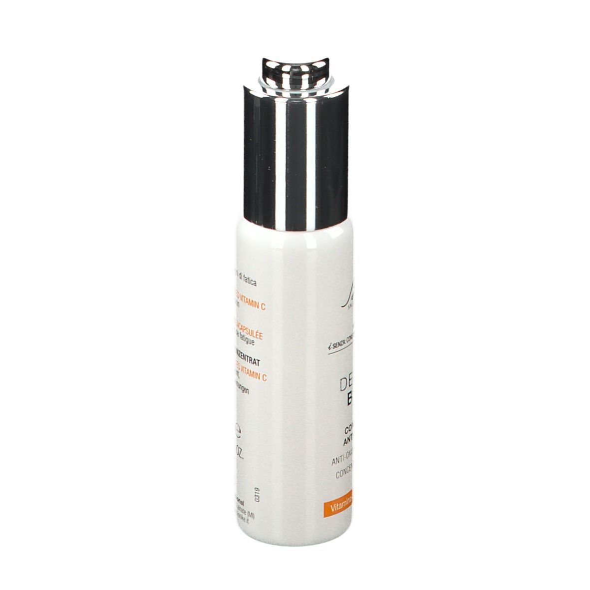 Flacon blanc avec bouchon argenté. Inscription: DEFENCE BOOST, concentré. Marque: BioNike.