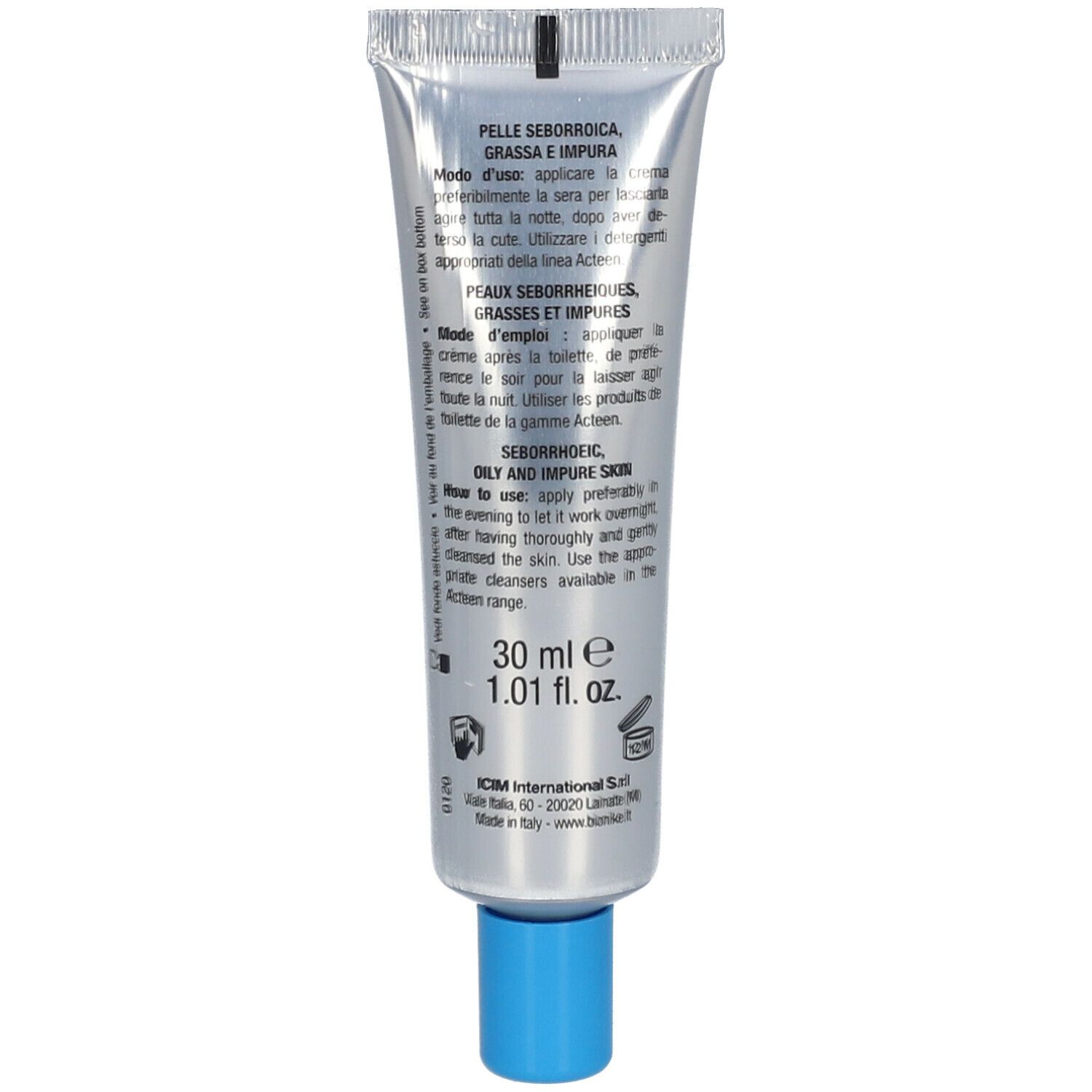 Dos du tube. Texte multilingue. Informations d'utilisation et ingrédients. 30 ml.