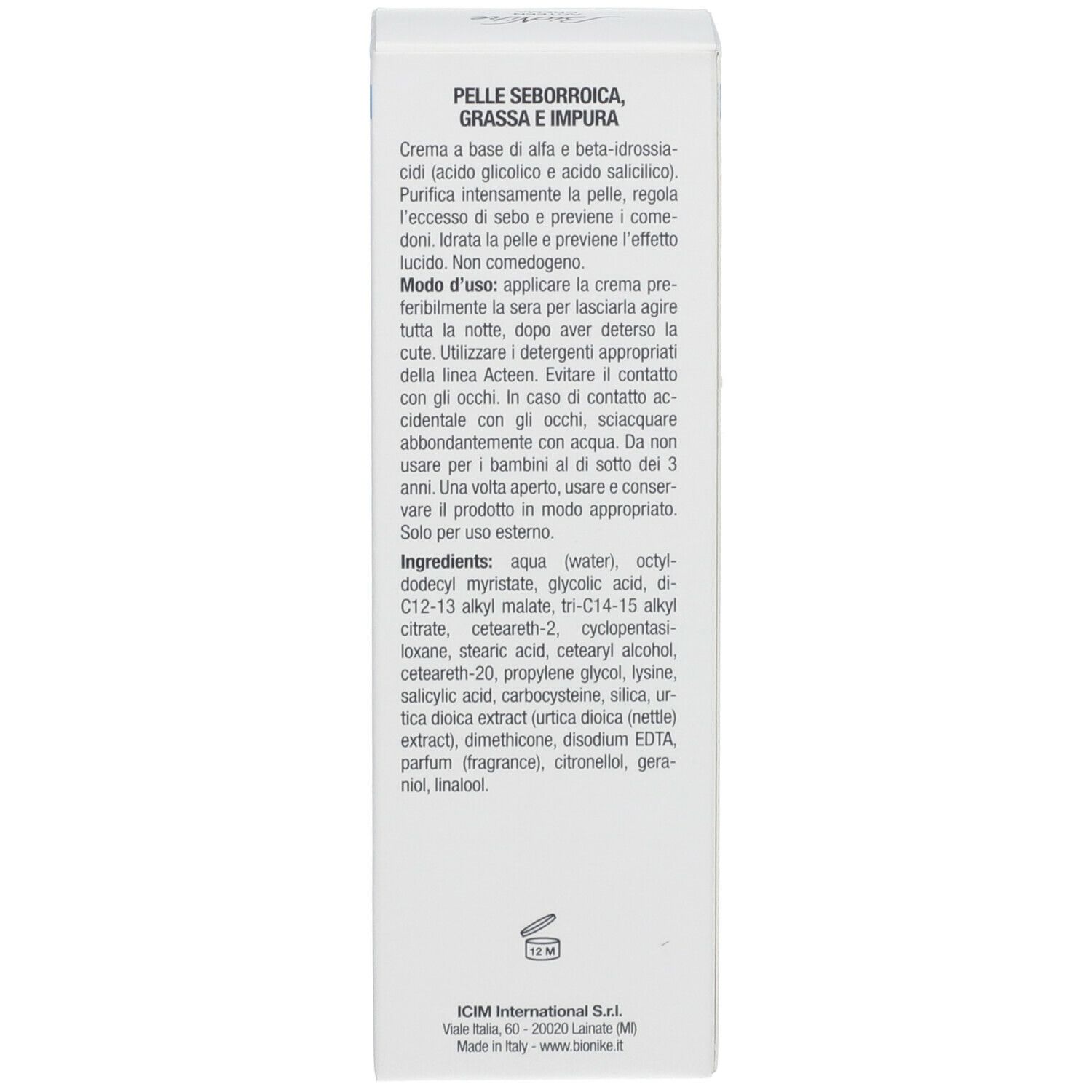 Emballage avec texte. Ingrédients et instructions d'utilisation. Pour peaux séborrhéiques, grasses et impures. 30 ml.