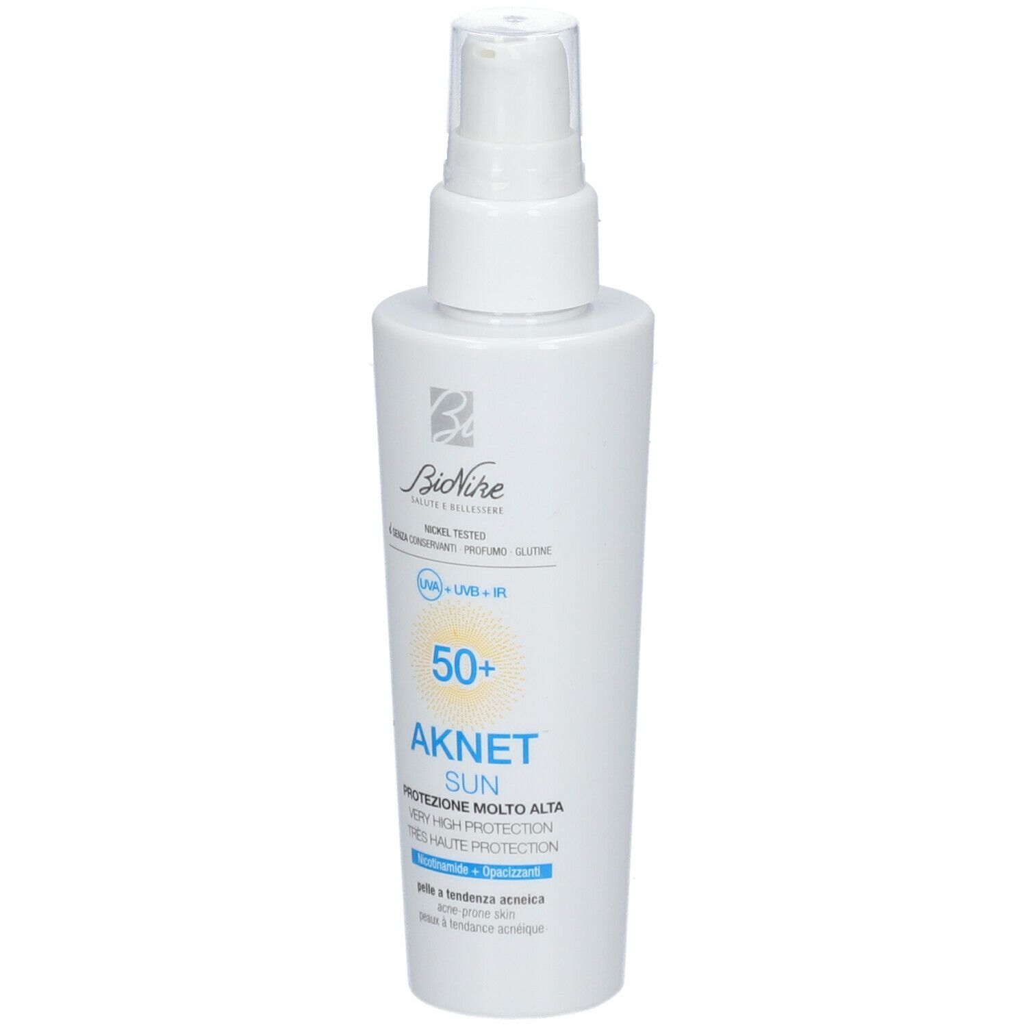 Flacon blanc avec vaporisateur. Inscription : BioNike, AKNET SUN SPF 50+.