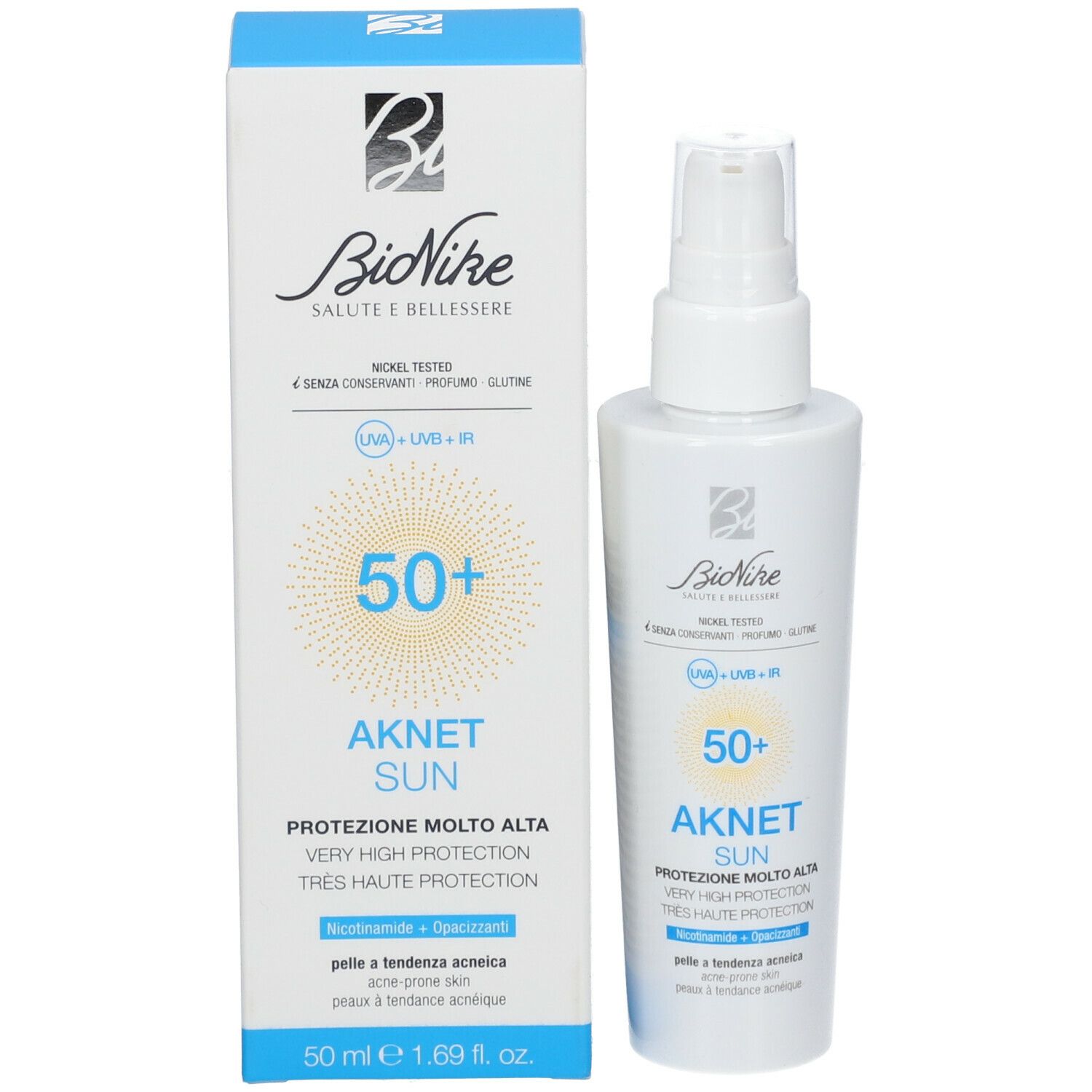 Produit et emballage. Flacon blanc avec vaporisateur et carton. Inscription : BioNike, AKNET SUN SPF 50+.