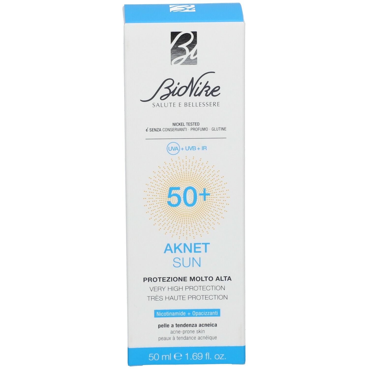 Emballage en carton. Inscription : BioNike, AKNET SUN SPF 50+. Pour peaux à tendance acnéique.