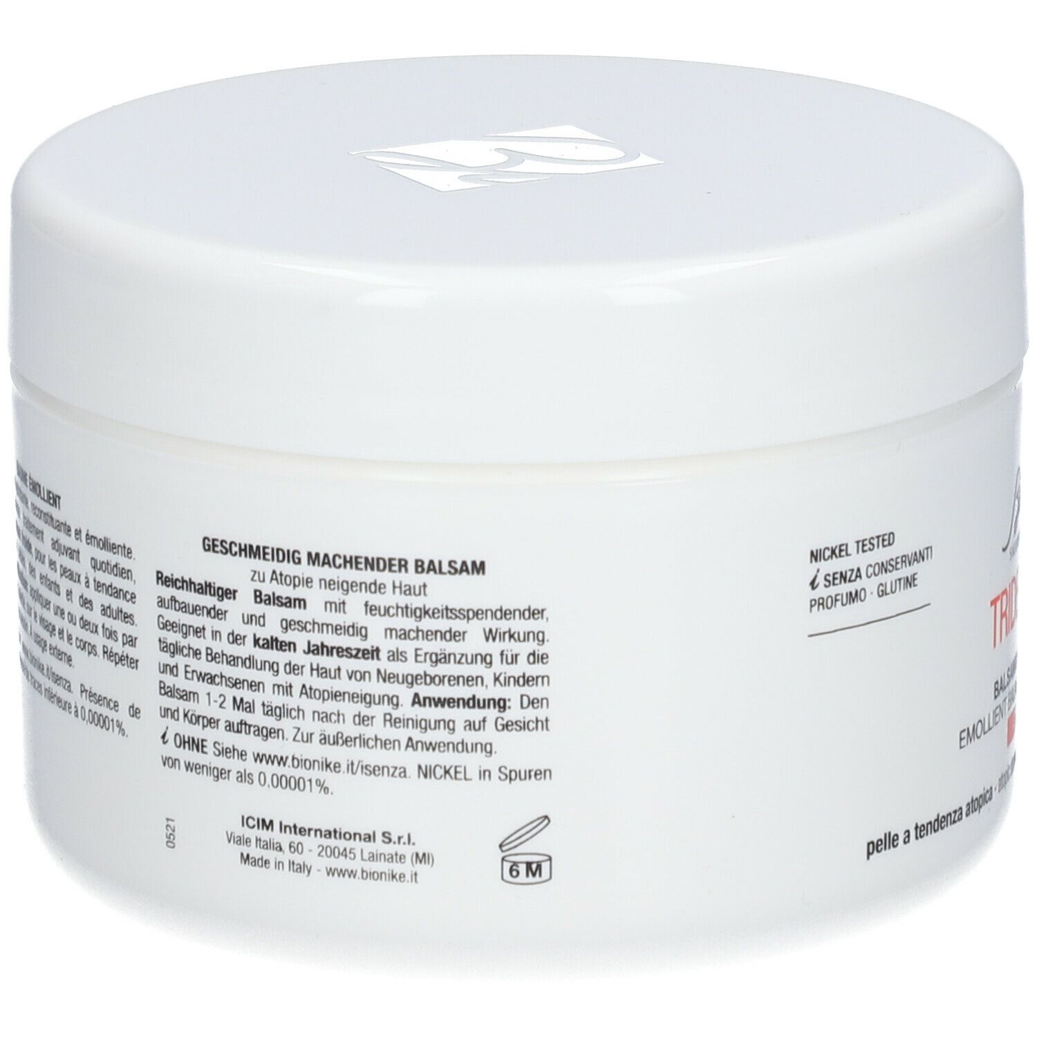Pot blanc avec informations produit. Inscription: Baume émollient. Pour peaux atopiques. Testé au nickel.