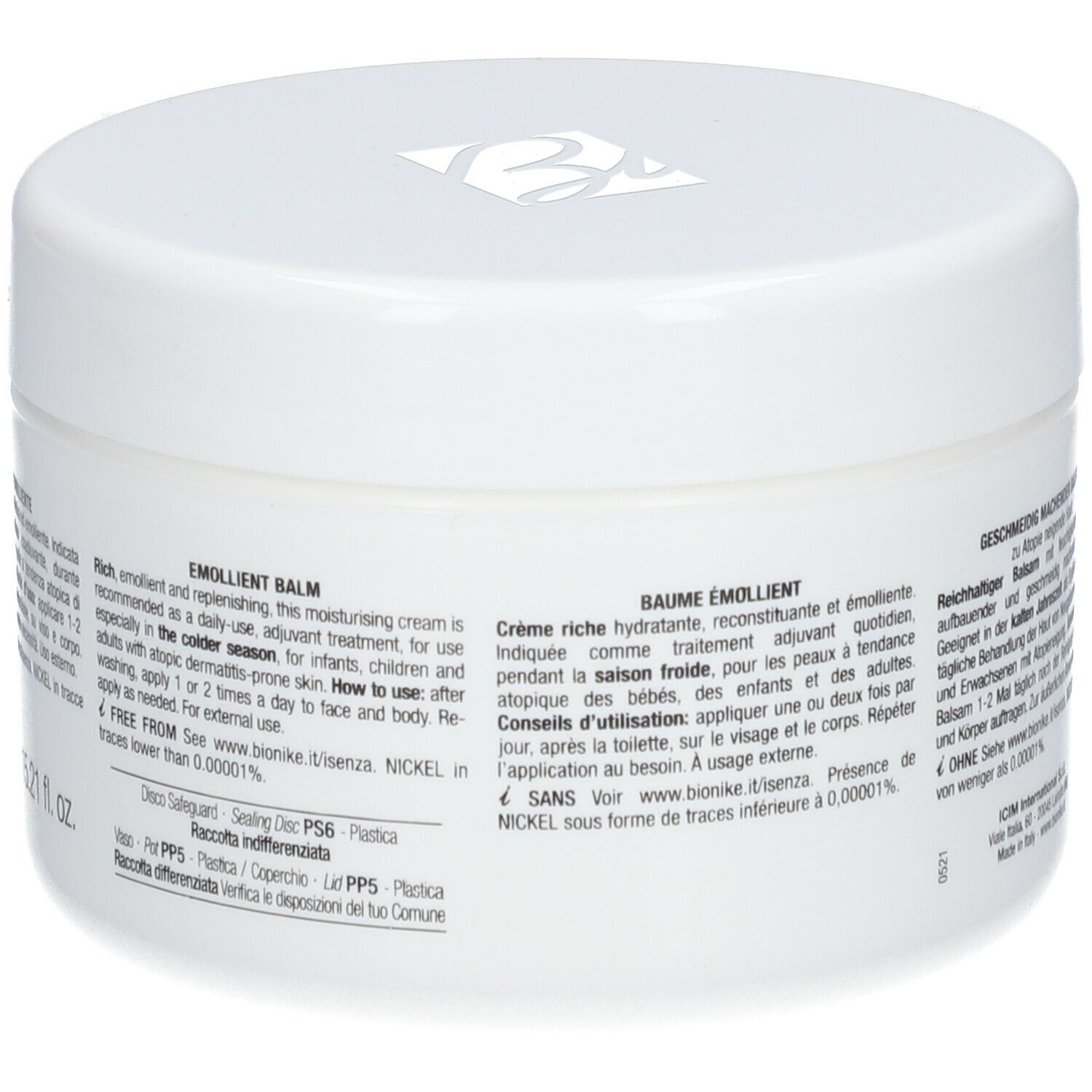 Pot blanc avec informations produit. Inscription: Baume émollient. Pour peaux atopiques. Testé au nickel.