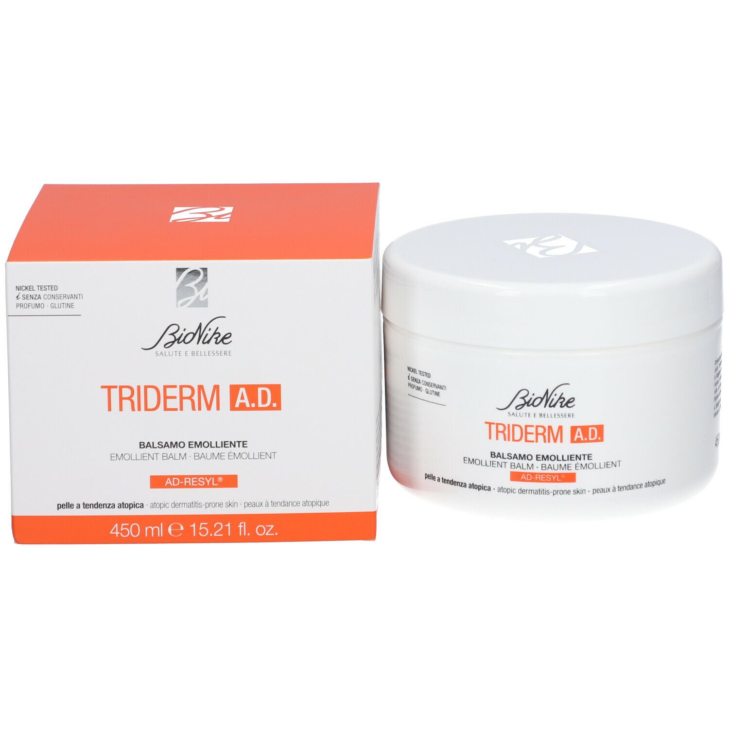 BioNike TRIDERM A.D. Baume et emballage. Pot blanc et boîte orange. 450 ml.