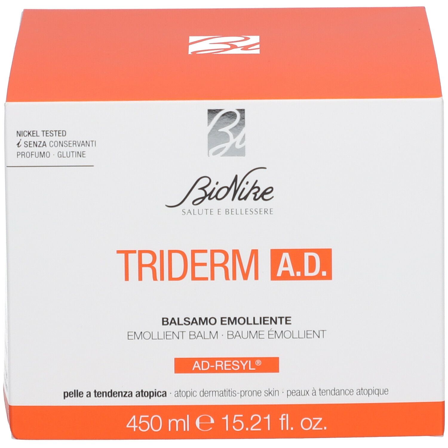 Boîte orange avec BioNike TRIDERM A.D. Inscription: Baume émollient. Pour peaux atopiques. 450 ml.