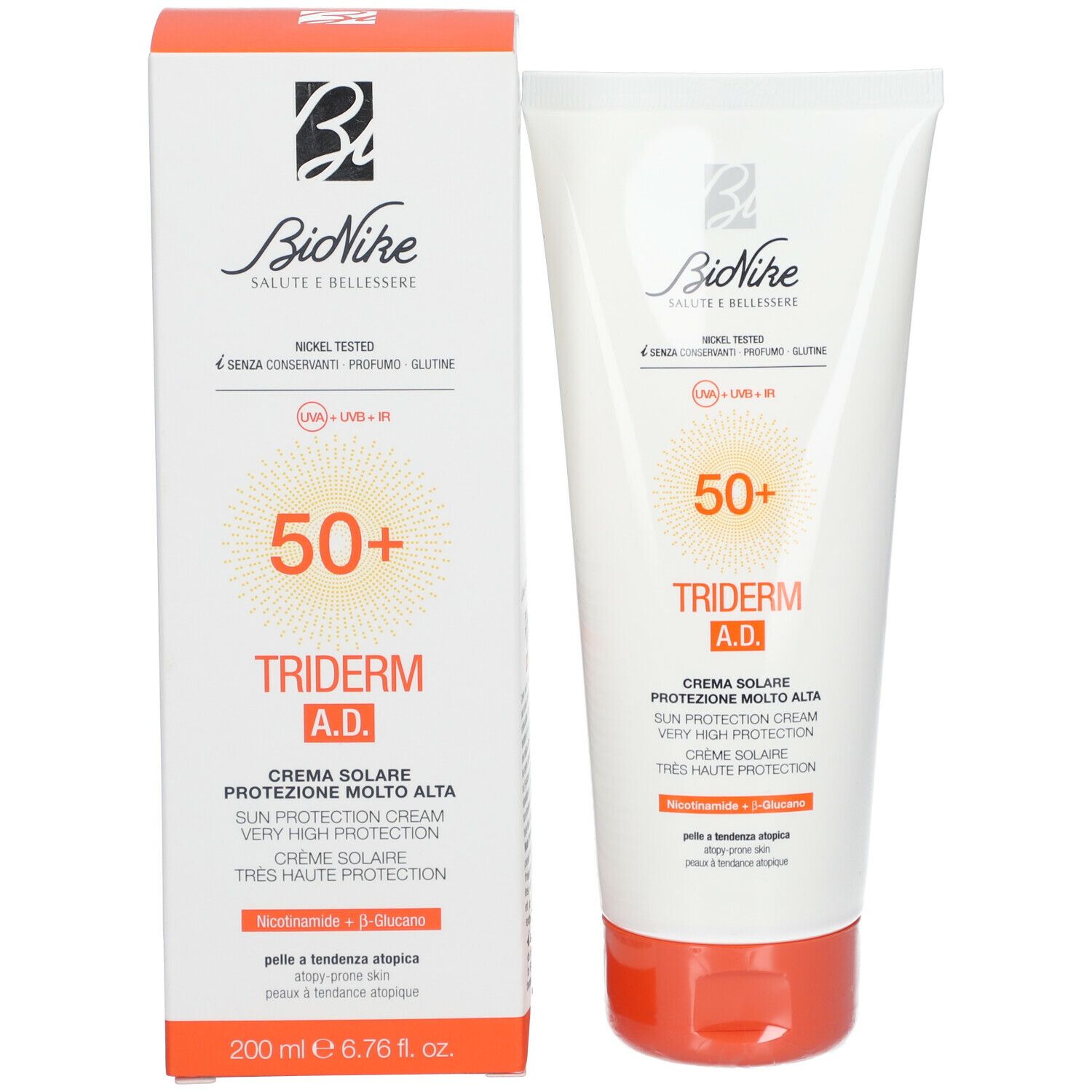 BioNike Triderm A.D. Crème Solaire SPF50+ tube et emballage. Tube blanc et carton avec accents orange. Texte multilingue.
