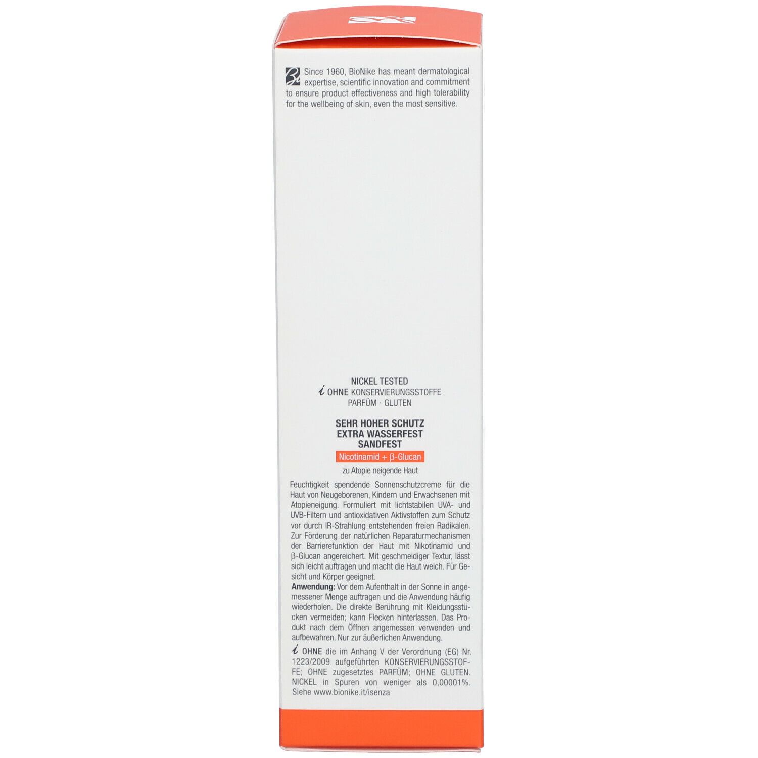 Dos de l'emballage BioNike Triderm A.D. Crème Solaire SPF50+. Texte multilingue, dont allemand, français et italien.