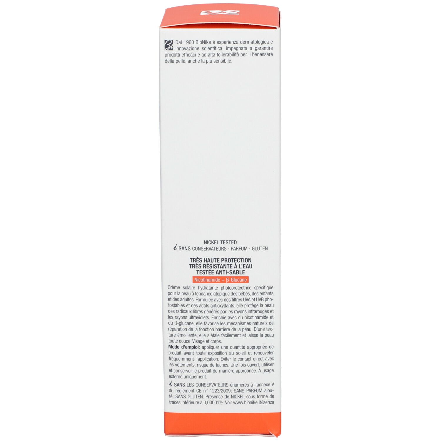 Côté de l'emballage BioNike Triderm A.D. Crème Solaire SPF50+. Texte multilingue, dont allemand, français et italien.