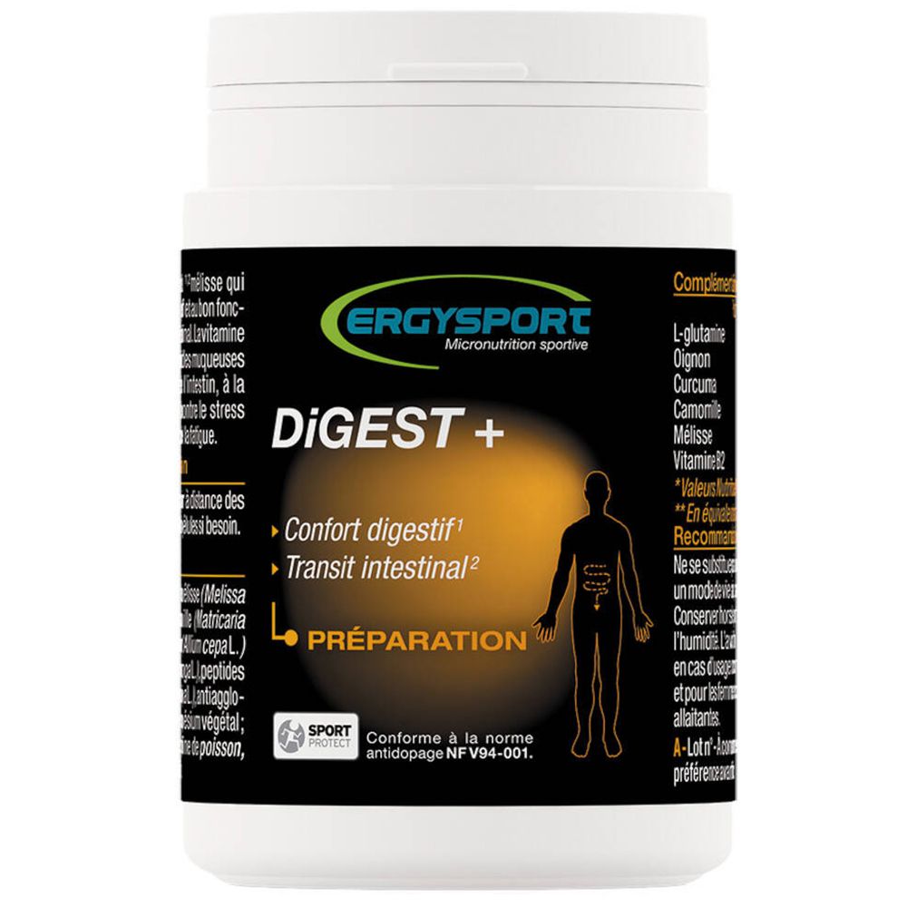 Flacon blanc avec étiquette noire. Inscription: ErgySport Digest+. Contient de la L-glutamine, du curcuma et de la vitamine B2. Certification Sport Protect.