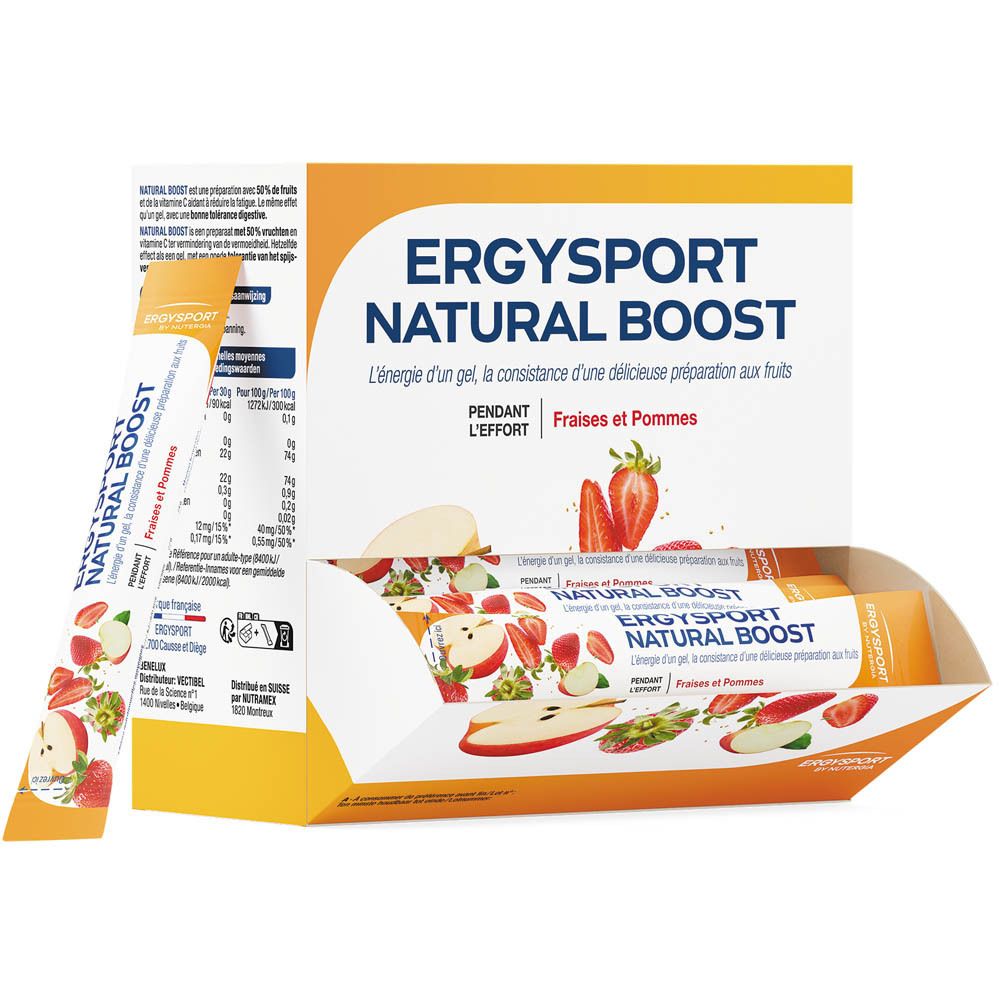 Boîte ouverte avec sachets. "Ergysport NATURAL BOOST" et illustrations. Sachets individuels avec informations.