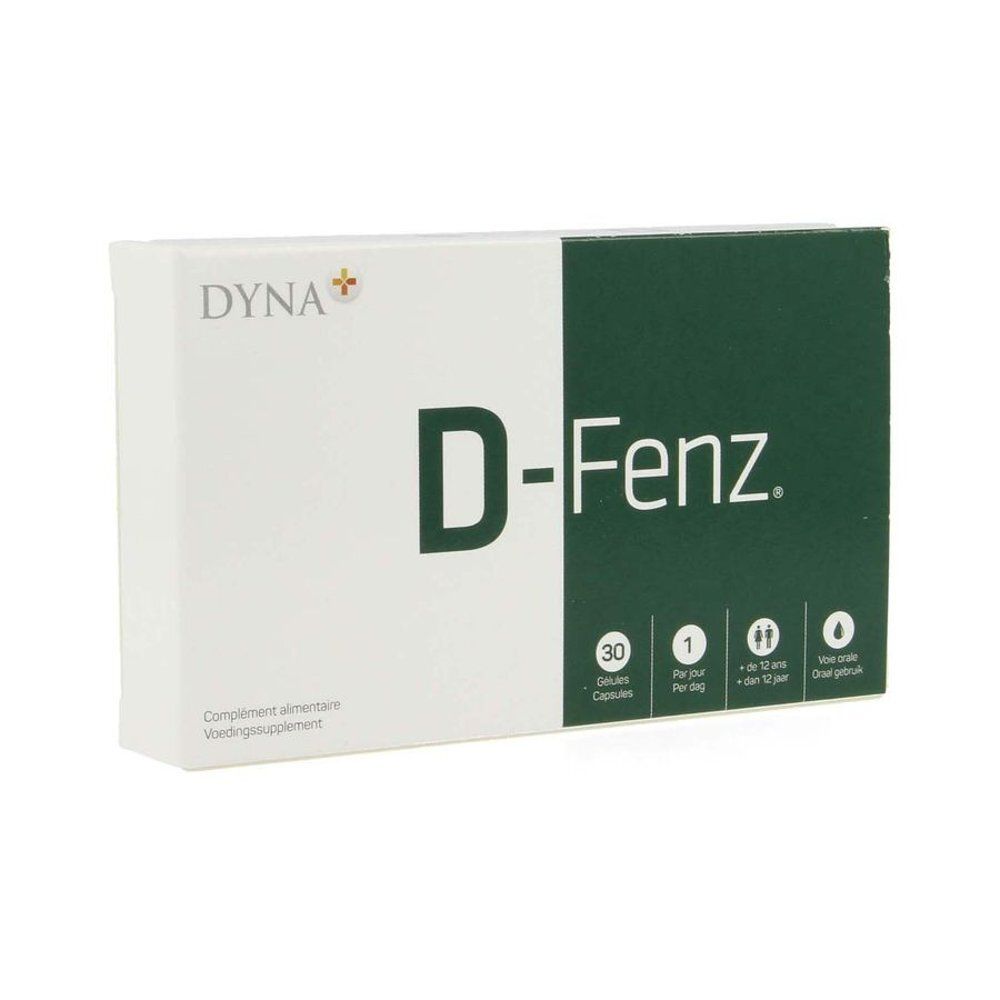 Boîte blanche et verte. Inscription D-Fenz, 30 gélules, 1 par jour. Marque: Dyna+.