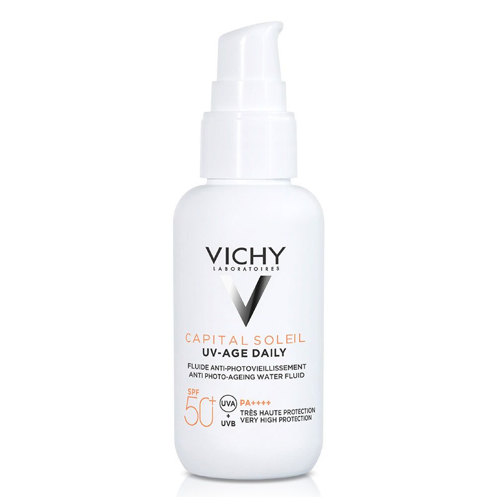 Vichy Capital Soleil UV-AGE DAILY. Flacon blanc avec pompe.
