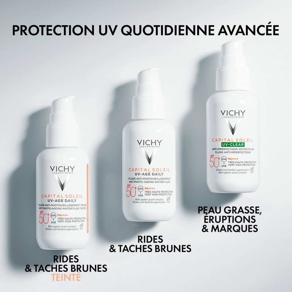 Trois flacons Vichy Capital Soleil. Texte: Protection UV, rides, taches brunes.