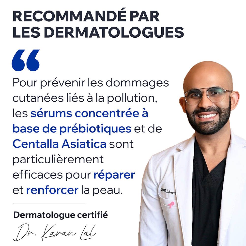 Médecin avec des lunettes. Texte: Dermatologue recommande. Citation: Prébiotiques et Centella Asiatica réparent la peau.