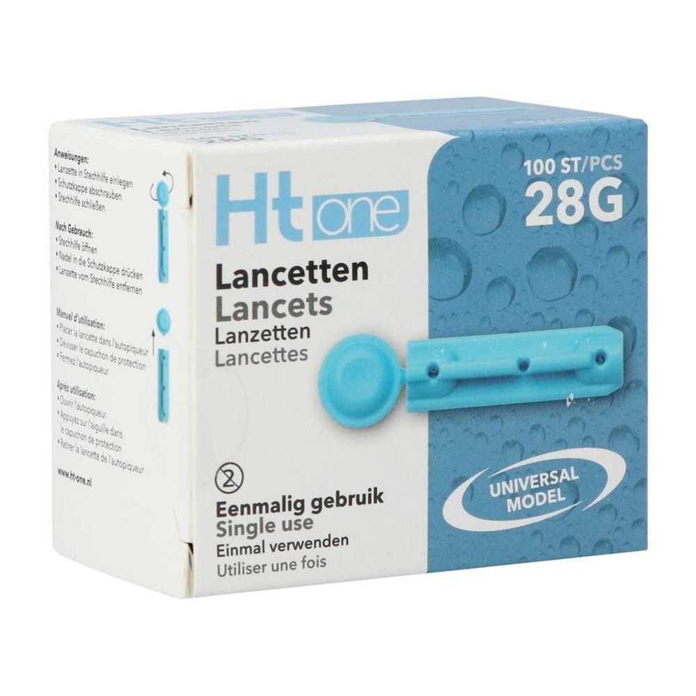 Boîte "Ht one Lancettes" avec 100 lancettes 28G. Lancette bleue unique illustrée. Instructions.
