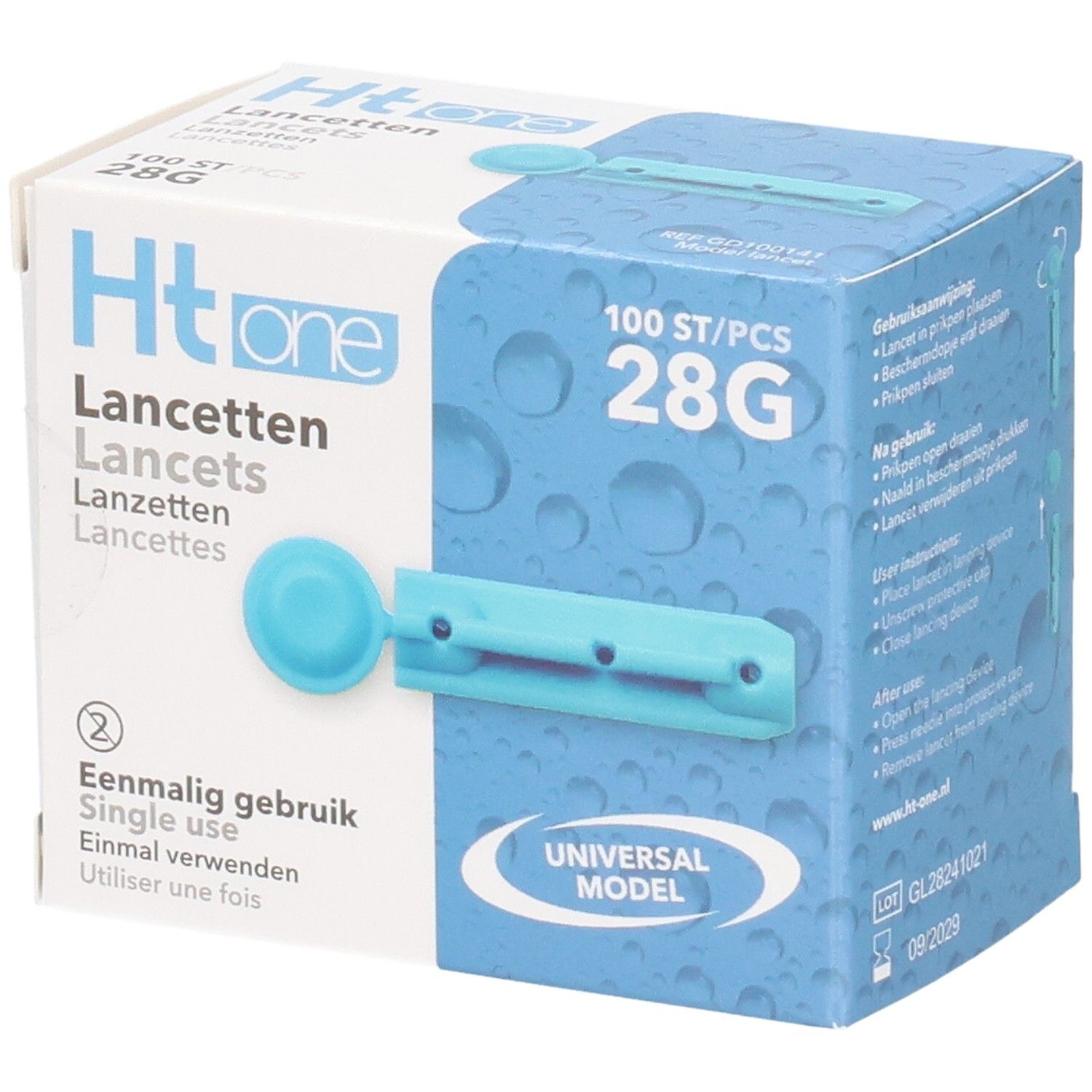 Boîte bleue et blanche "Ht one Lancettes". Contient 100 lancettes 28G. Lancette unique illustrée.