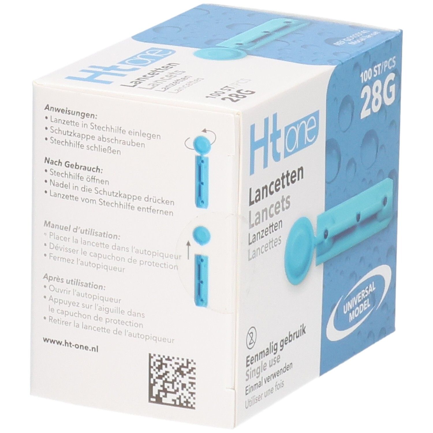 Boîte "Ht one Lancettes" avec instructions. Contient 100 lancettes 28G. Lancette bleue unique illustrée.