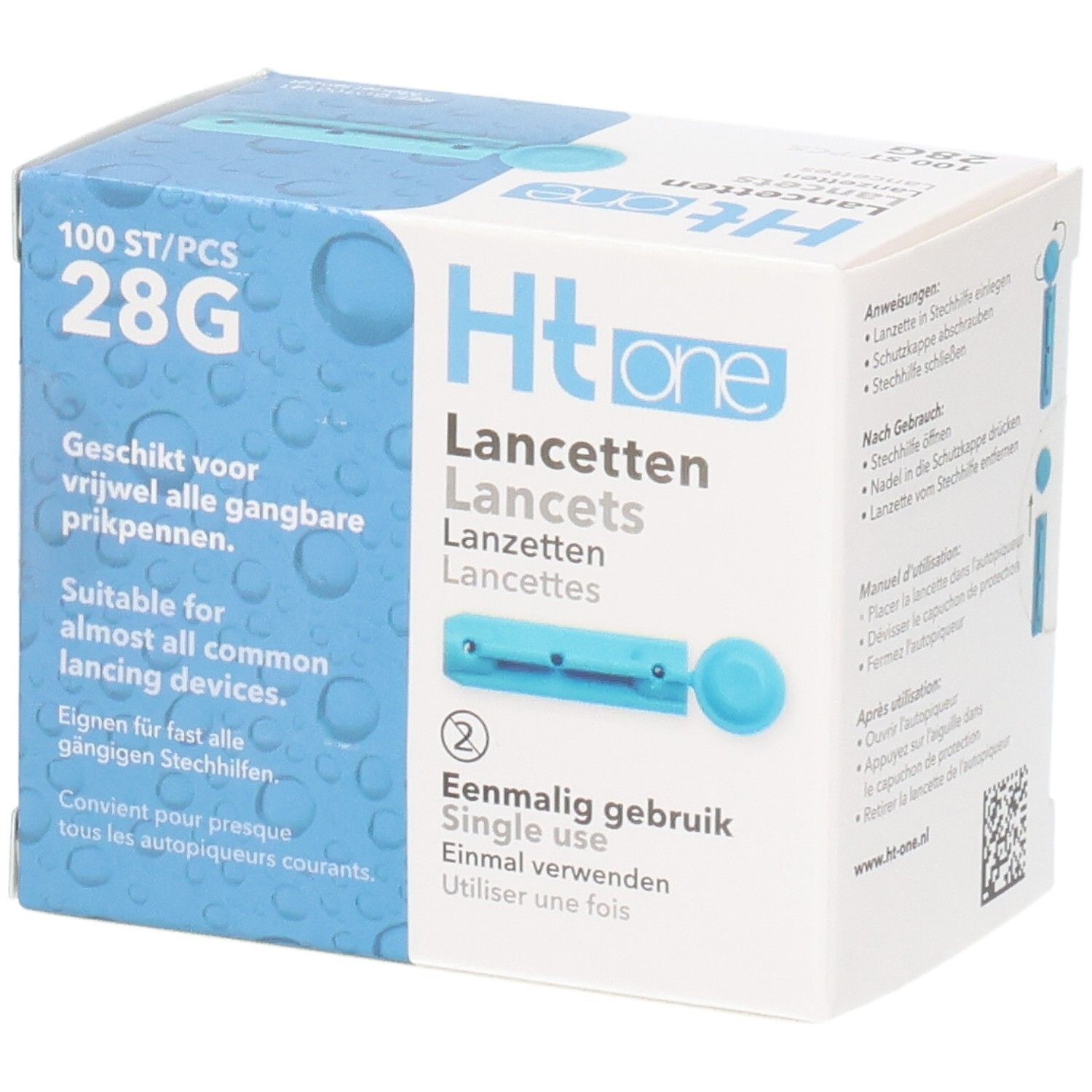 Boîte "Ht one Lancettes" avec 100 lancettes 28G. Lancette bleue illustrée. Texte: "Convient pour presque tous les autopiqueurs".