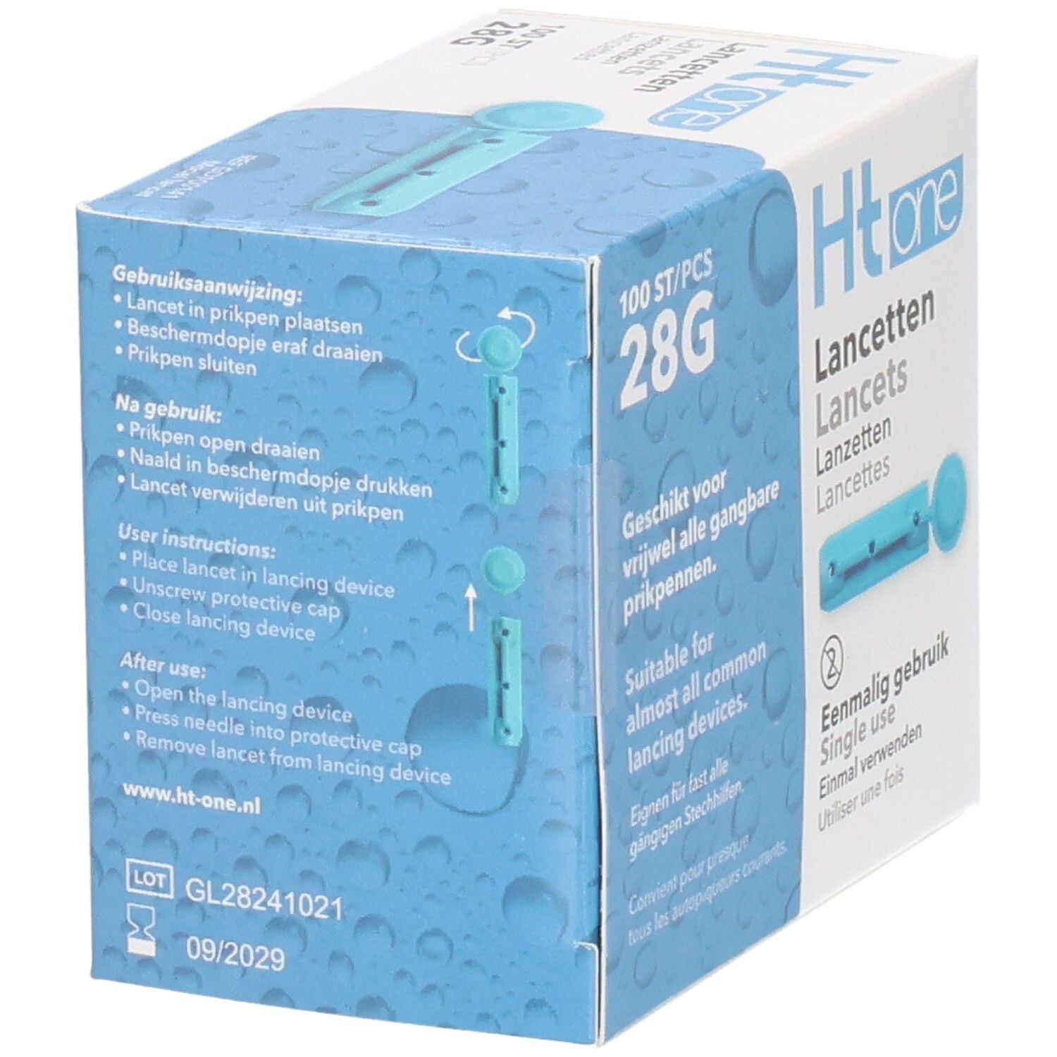 Boîte "Ht one Lancettes" avec 100 lancettes 28G. Lancette bleue illustrée. Instructions et texte: "Convient pour presque tous les autopiqueurs".