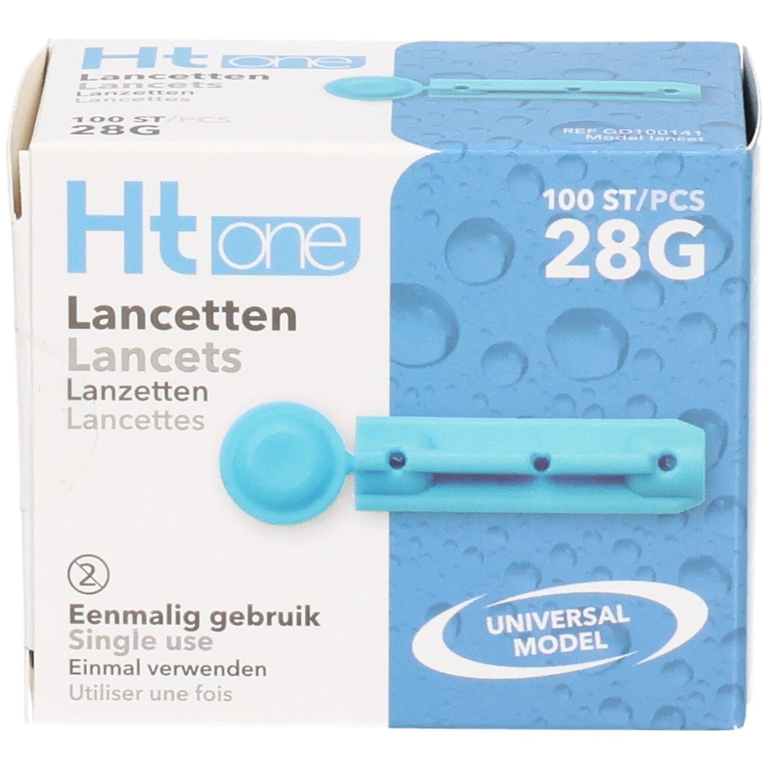 Boîte "Ht one Lancettes" avec 100 lancettes 28G. Lancette bleue unique illustrée. Texte: "Usage unique".