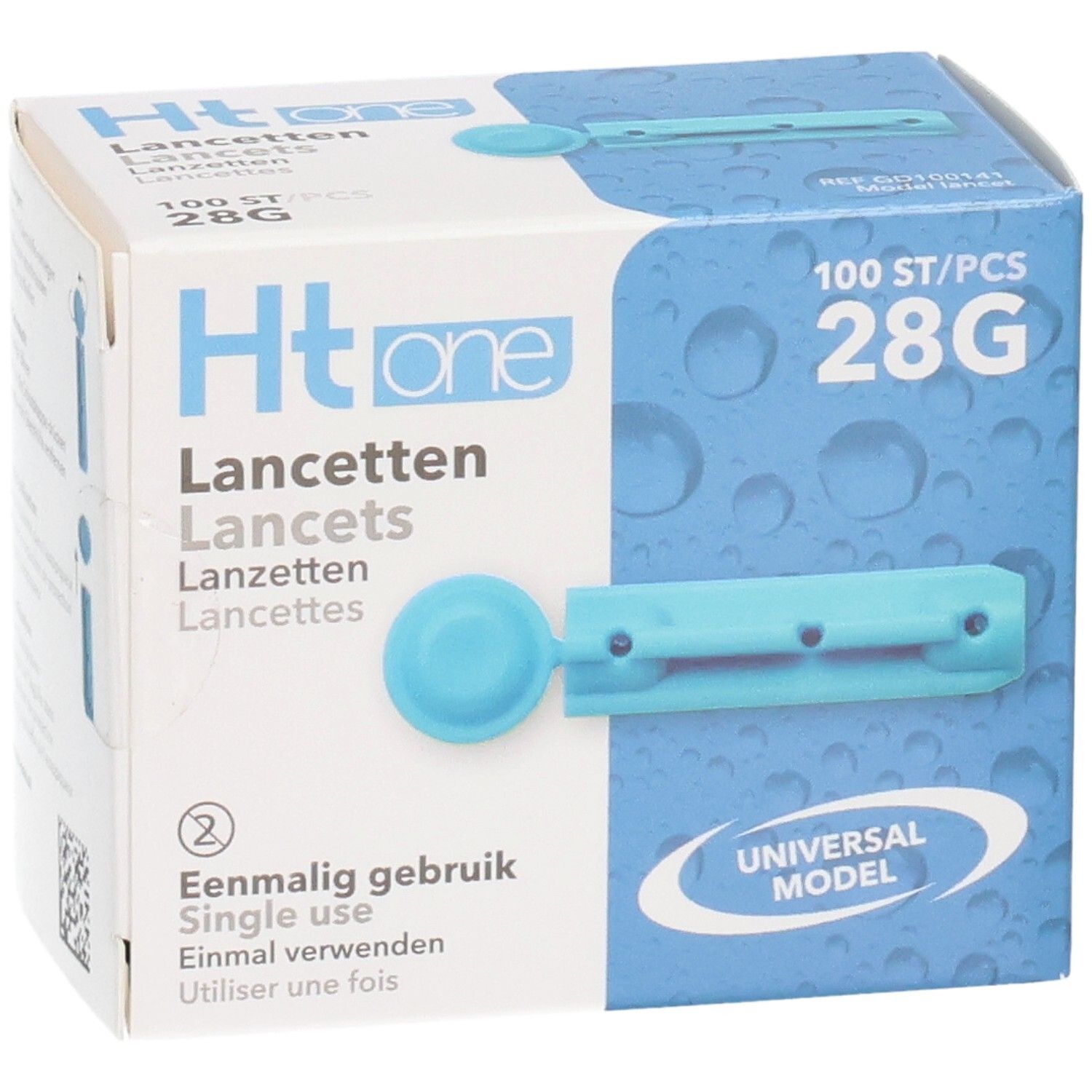 Boîte "Ht one Lancettes" avec 100 lancettes 28G. Lancette bleue unique illustrée. Texte: "Usage unique".