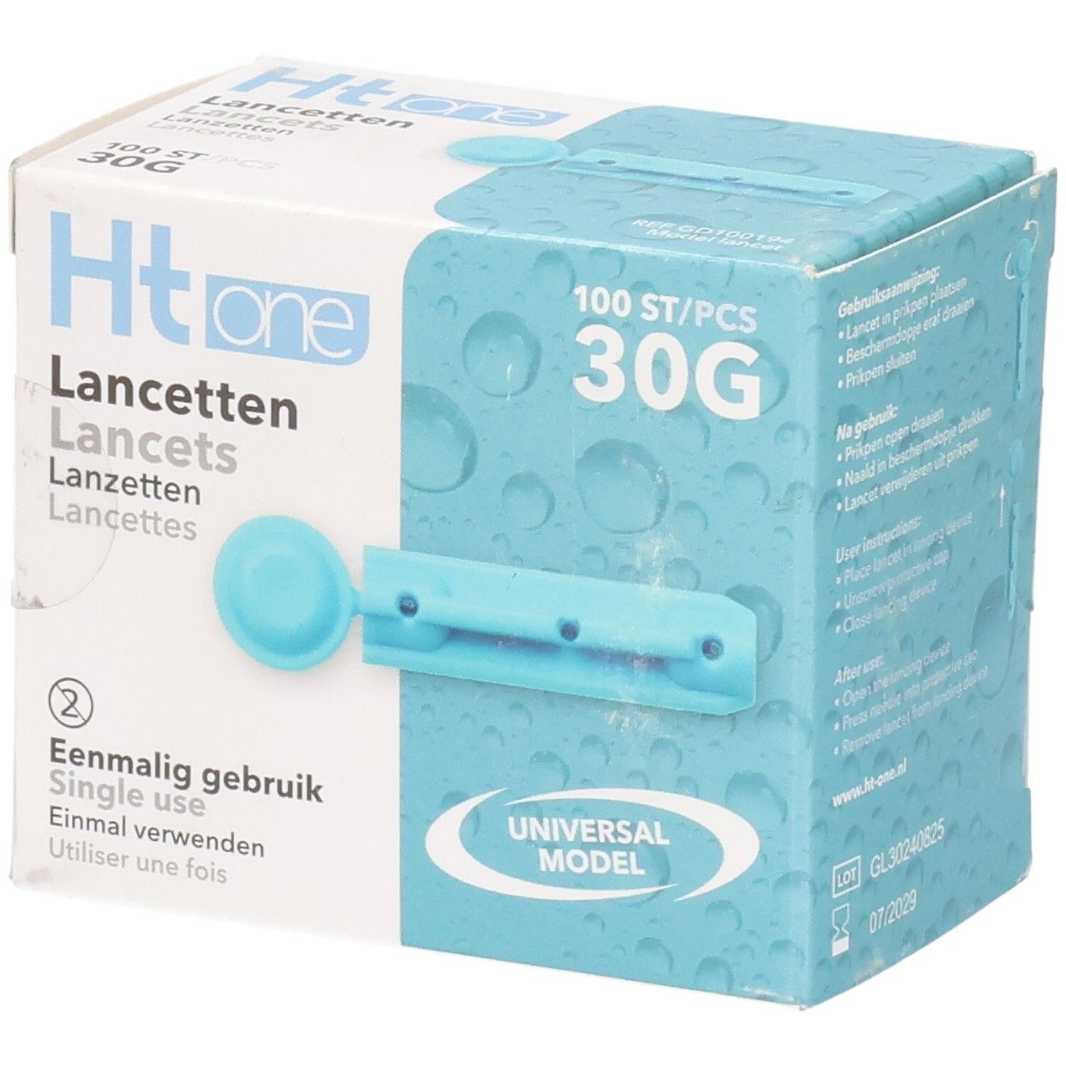 Boîte de lancettes Ht one. Contient 100 pièces, 30G. Lancette bleue unique. Inscription : Usage unique.