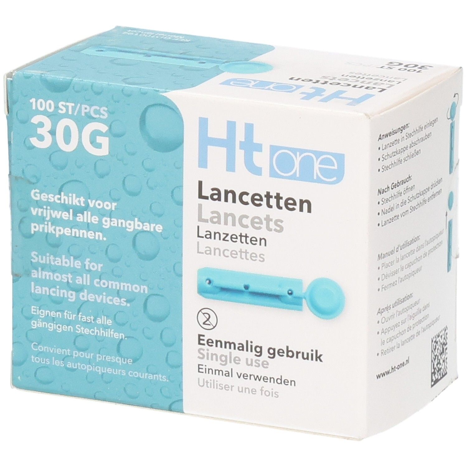 Boîte de lancettes Ht one. Contient 100 pièces, 30G. Convient à presque tous les autopiqueurs courants. Inscription : Usage unique.