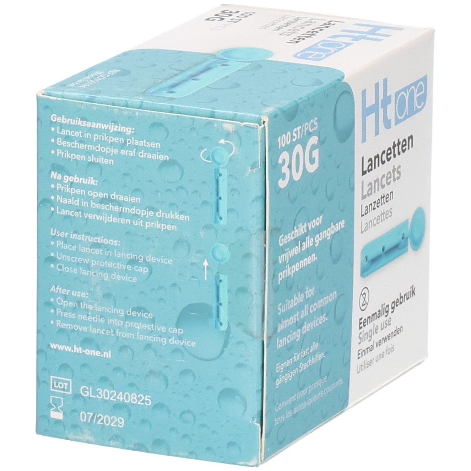 Boîte de lancettes Ht one. Contient 100 pièces, 30G. Instructions et pictogrammes. Inscription : Usage unique. Durabilité 07/2029.