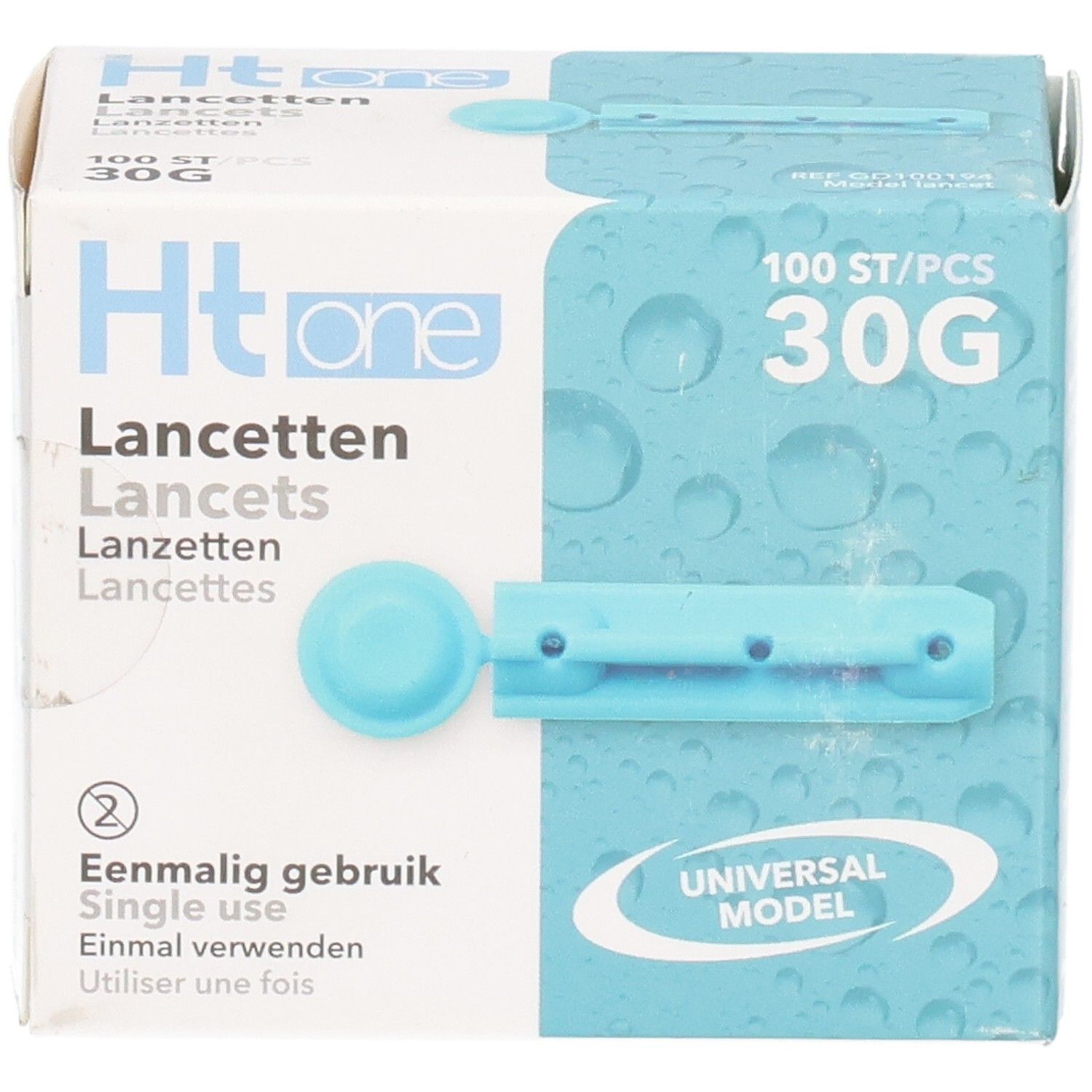 Boîte de lancettes Ht one. Contient 100 pièces, 30G. Lancette bleue unique. Inscription : Usage unique. Modèle universel.