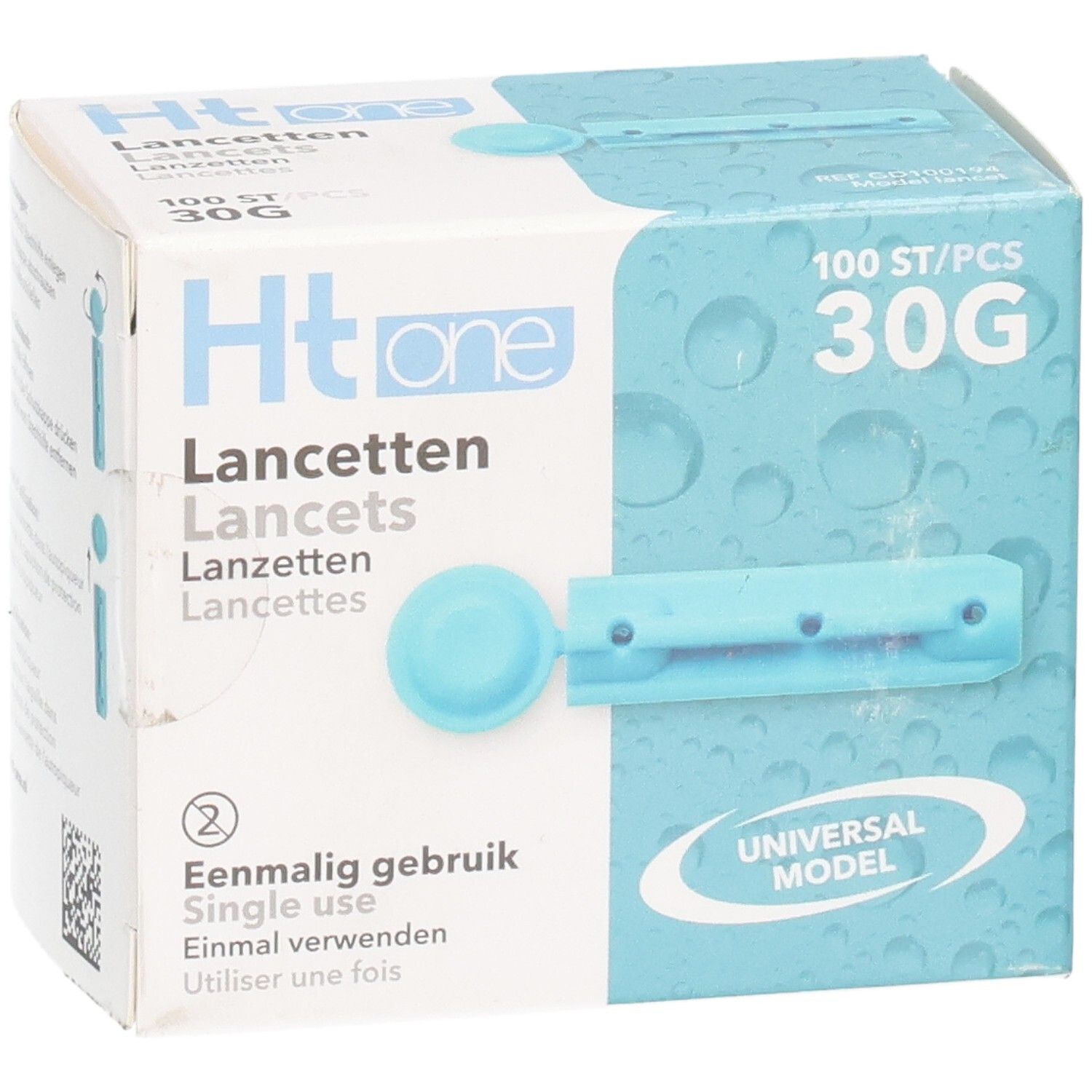 Boîte de lancettes Ht one. Contient 100 pièces, 30G. Lancette bleue unique. Inscription : Usage unique. Modèle universel.