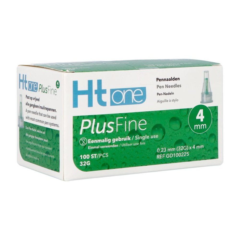 Boîte d'aiguilles pour stylos Ht one PlusFine, 4 mm. Emballage vert et blanc. Inscriptions : 4 mm, 32G, usage unique.