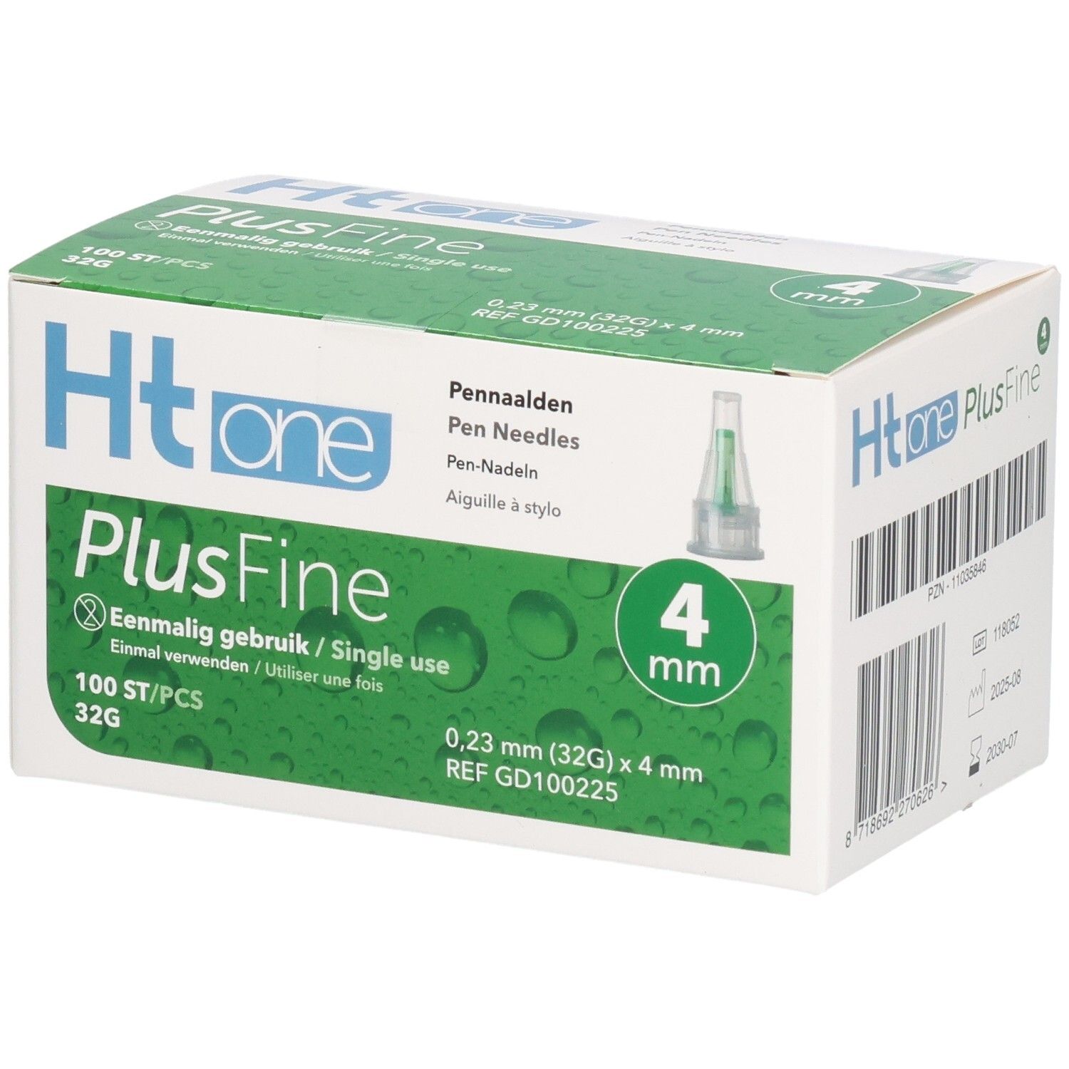 Boîte de 100 aiguilles pour stylos Ht one PlusFine, 4 mm. Emballage vert et blanc. Inscriptions : 4 mm, 32G, usage unique.