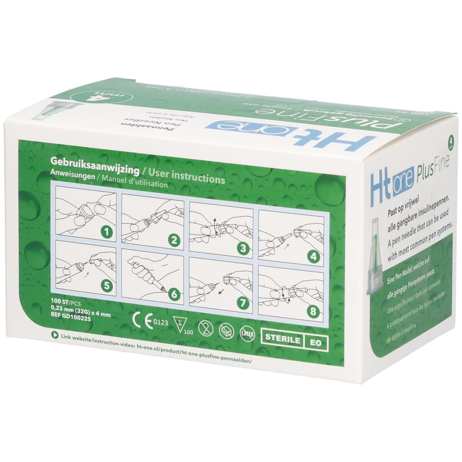 Boîte d'aiguilles pour stylos Ht one PlusFine, 4 mm. Dos avec instructions illustrées. Emballage vert et blanc.