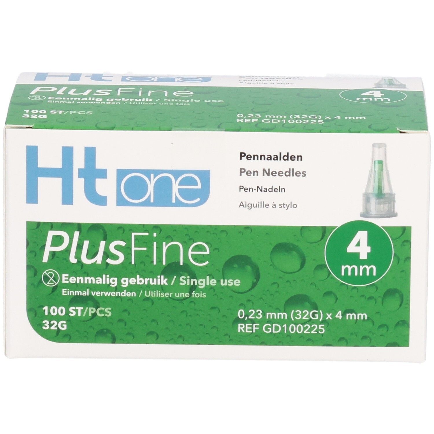 Boîte d'aiguilles pour stylos Ht one PlusFine, 4 mm. Emballage vert et blanc. Inscriptions : 4 mm, 32G, usage unique.