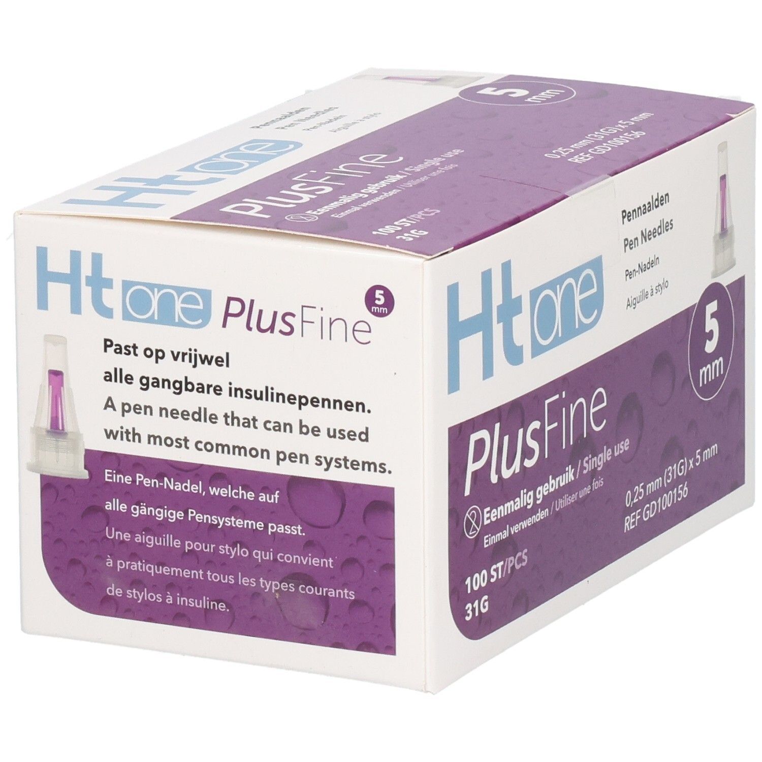 Boîte d'aiguilles pour stylos Ht one PlusFine, 5 mm, 100 pièces. Usage unique. Compatible avec la plupart des stylos.