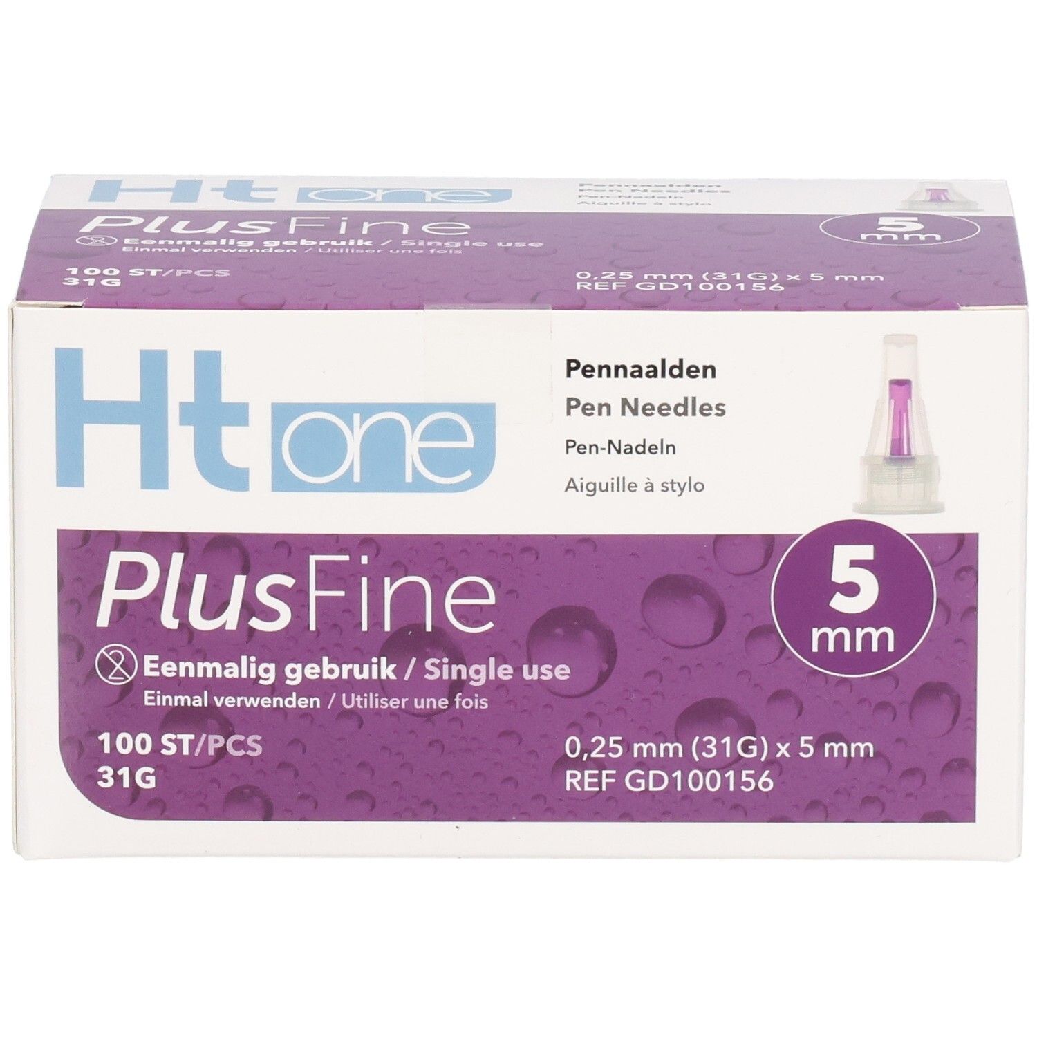 Boîte d'aiguilles pour stylos Ht one PlusFine, 5 mm, 100 pièces. Usage unique. 0,25 mm (31G) x 5 mm. Aiguille de stylo.