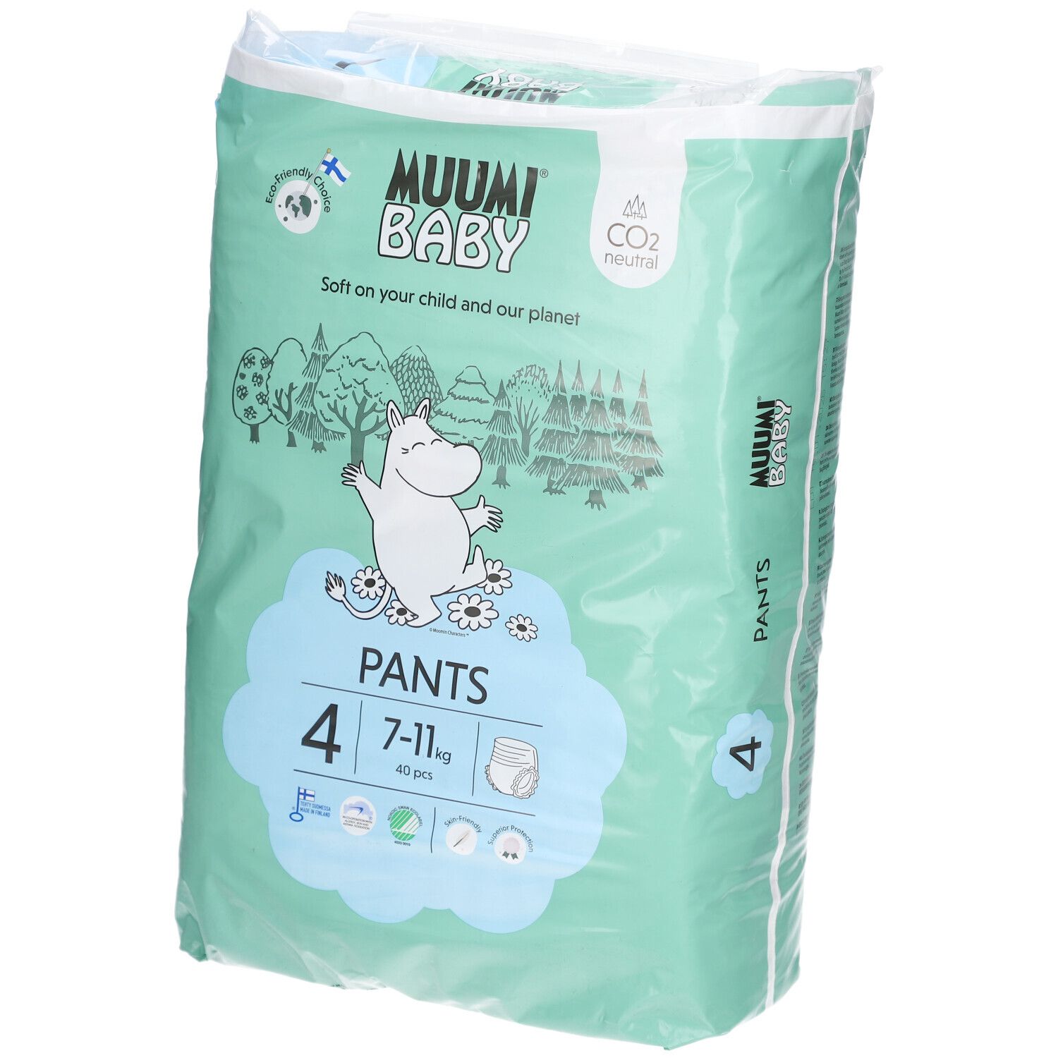 Paquet de couches-culottes Muumi Baby, taille 4 (7-11 kg). Illustration de personnage. CO2 neutre.