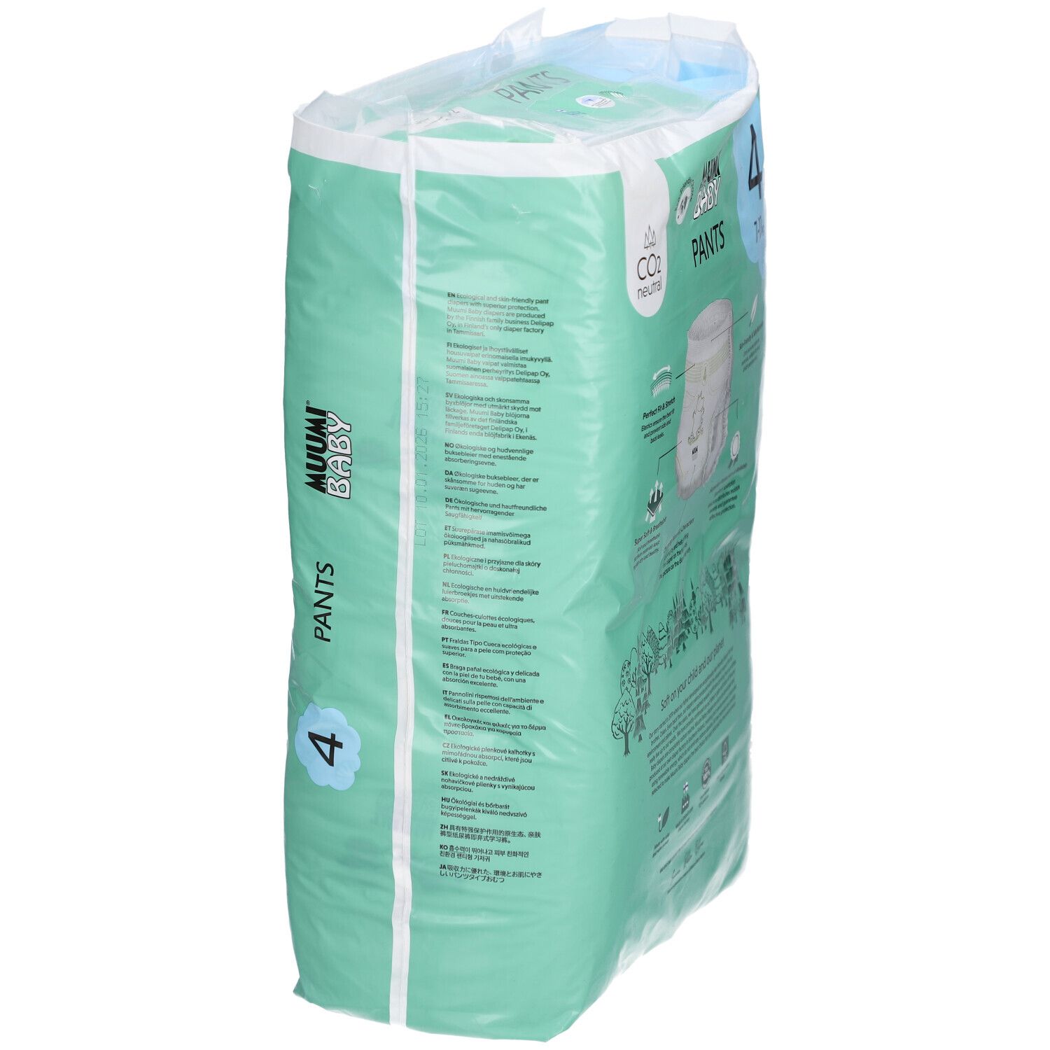 Paquet de couches-culottes Muumi Baby, taille 4 (7-11 kg). Illustration de personnage.