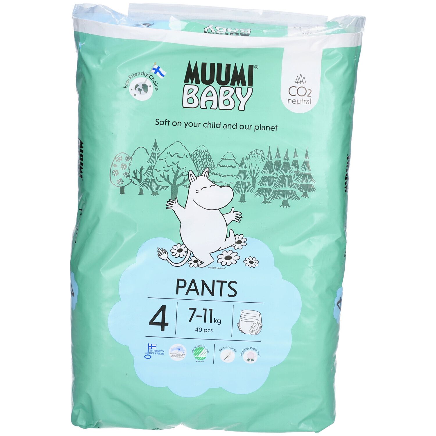 Paquet de couches-culottes Muumi Baby, taille 4 (7-11 kg). Illustration de personnage. CO2 neutre.