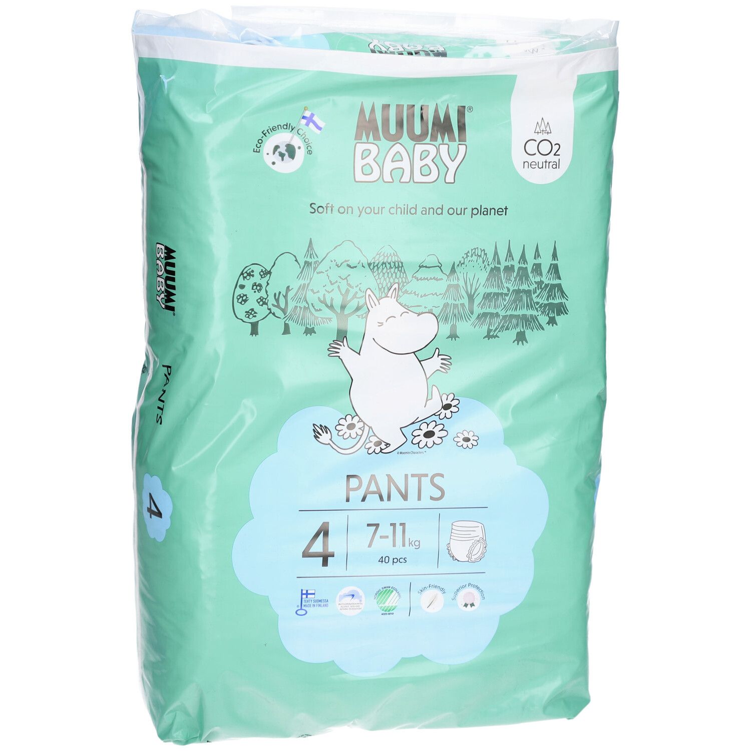 Paquet de couches-culottes Muumi Baby, taille 4 (7-11 kg). Illustration de personnage. CO2 neutre.
